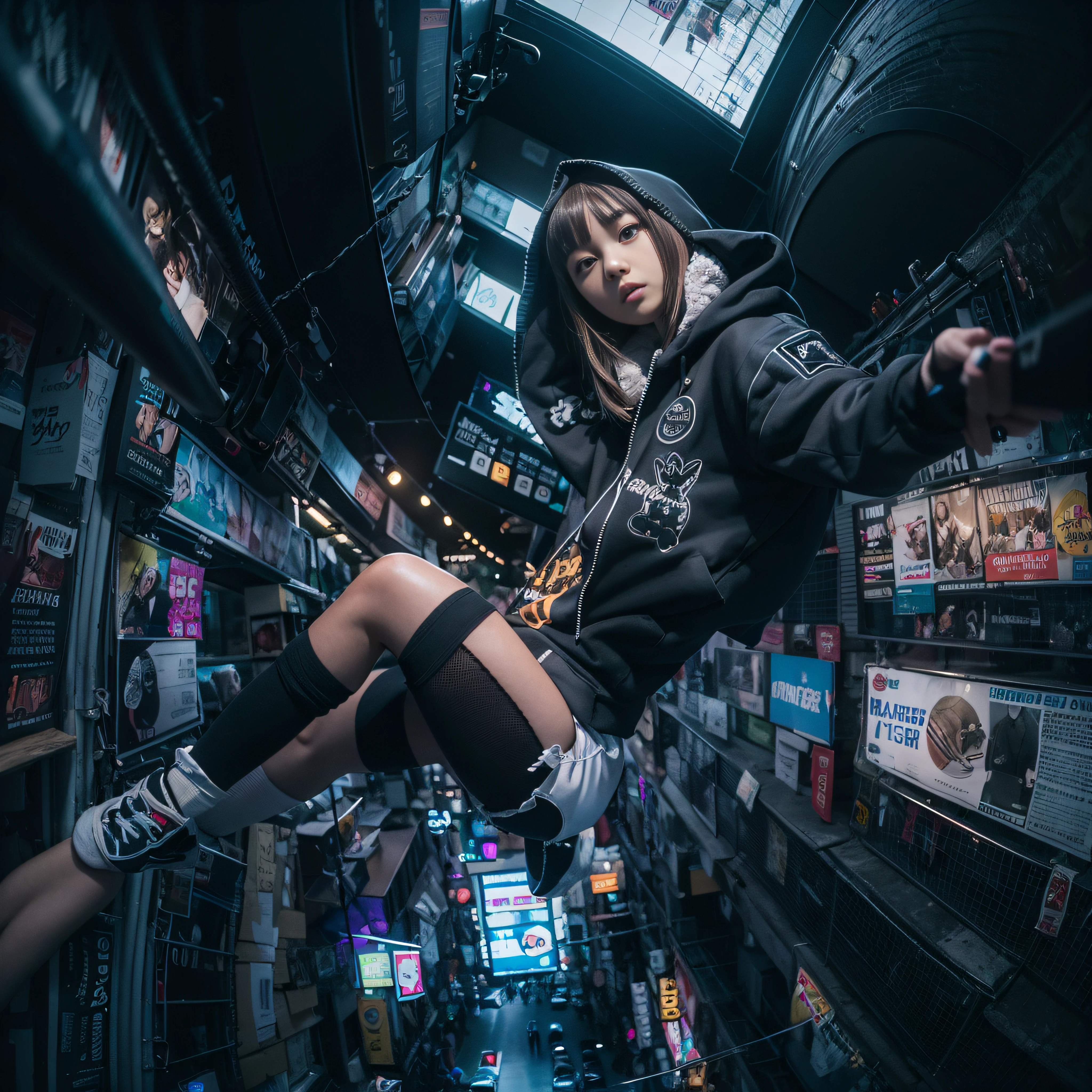 8K, RAW Photos, top-quality, ​masterpiece: 1.2),fish-eye lens、(((Wide View)))、Best Quality, masutepiece, ultra-detailliert、Ultra HD,Wide View、jumpping、low angles,Jump girl seen from below、 Beautiful girl in black hoodie、Cyberpunk background、dark backgrounds、Dynamic 、Sony Alpha a7 IV、Sigma 50mm F1.4 DG、Cinematic、Face of Details、more hair、Body Detailed、More Skins、FUJIFILM Velvia 50　--ar 16:9　--s 1000　--V 5.1 Clear Face、cinema shot、foco nítido