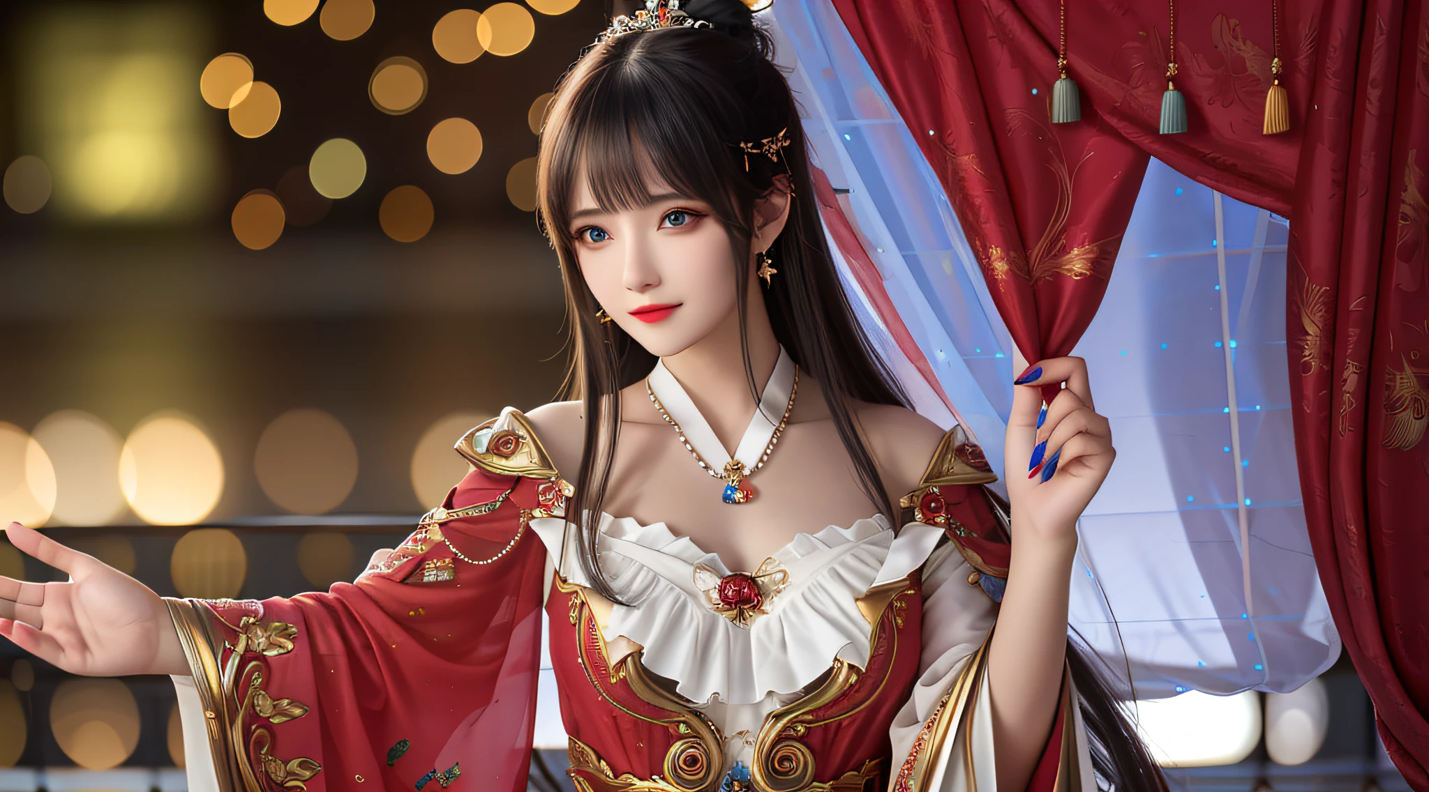 Best quality,tmasterpiece,A high resolution,CG,1girll,long whitr hair,mano,Five fingers,Blue nails,Eau,独奏,rosette,jewely,Red dress,耳Nipple Ring,hair adornments,spatter,The upper part of the body,hair-bun,brunette color hair,illuminating,Frankness,photore,A high resolution,4K,8K,Bokeh,Faraway view