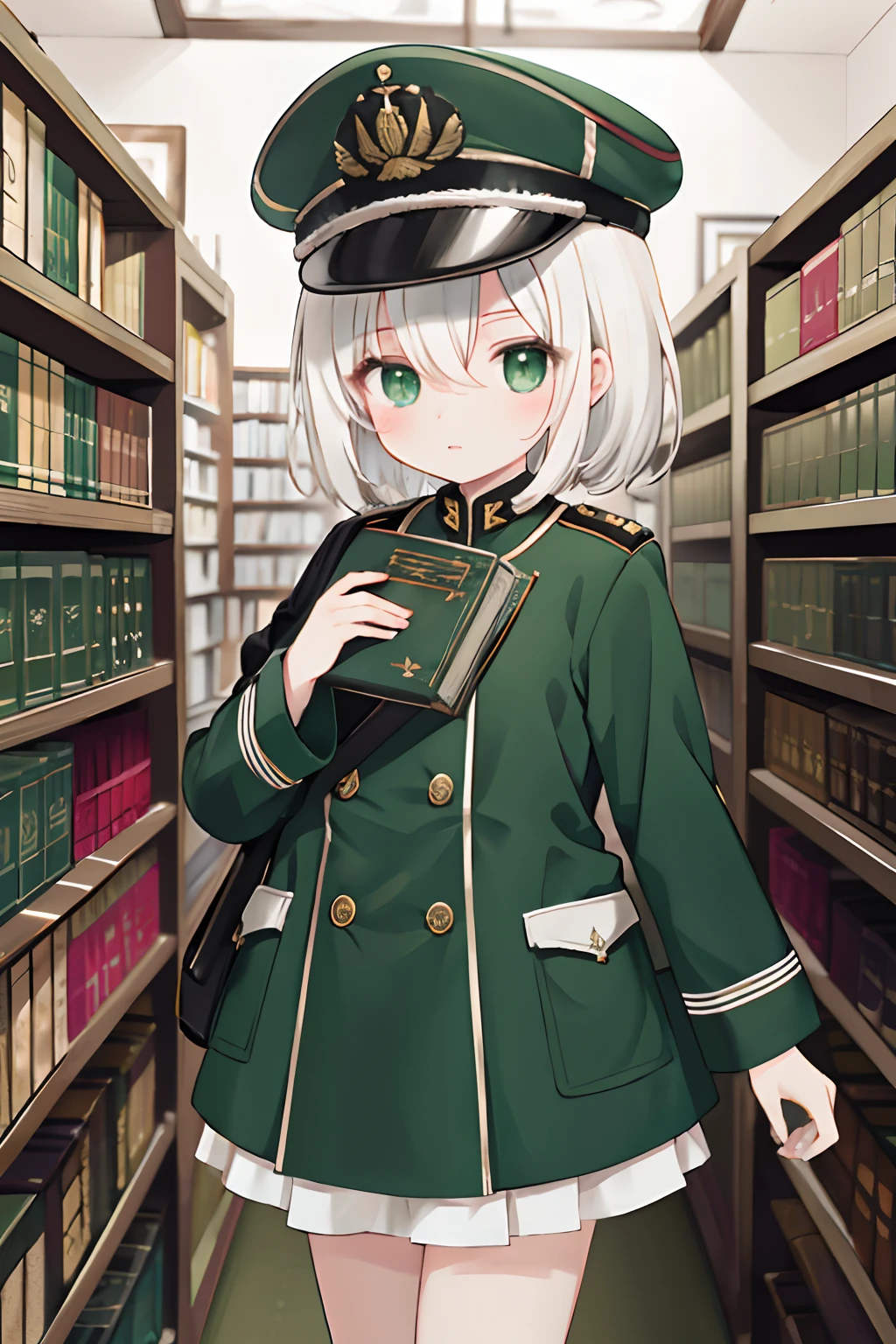 (tmasterpiece,best qualtiy:1.2),illustratio,absurderes,A high resolution,The is very detailed,1 Adult Polish girl,with short white hair, Green military emblem cap,green-eyed,eyes highlights,Dark green army coat,Indoor library,The upper part of the body,depth of fields,(:D:0.8),