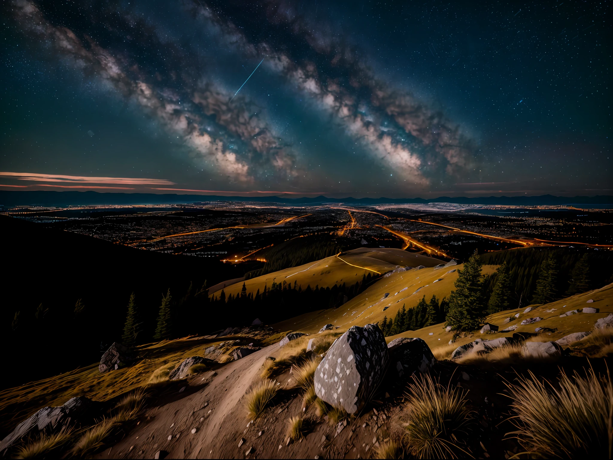 RAW photo of the landscape，Starry sky at the top of the mountain，small detailed，realisticlying，Ultra-realistic photos，8K  UHD，Digital SLR，softlighting，high high quality，filmgrain，Fujifilm XT3，（tmasterpiece）