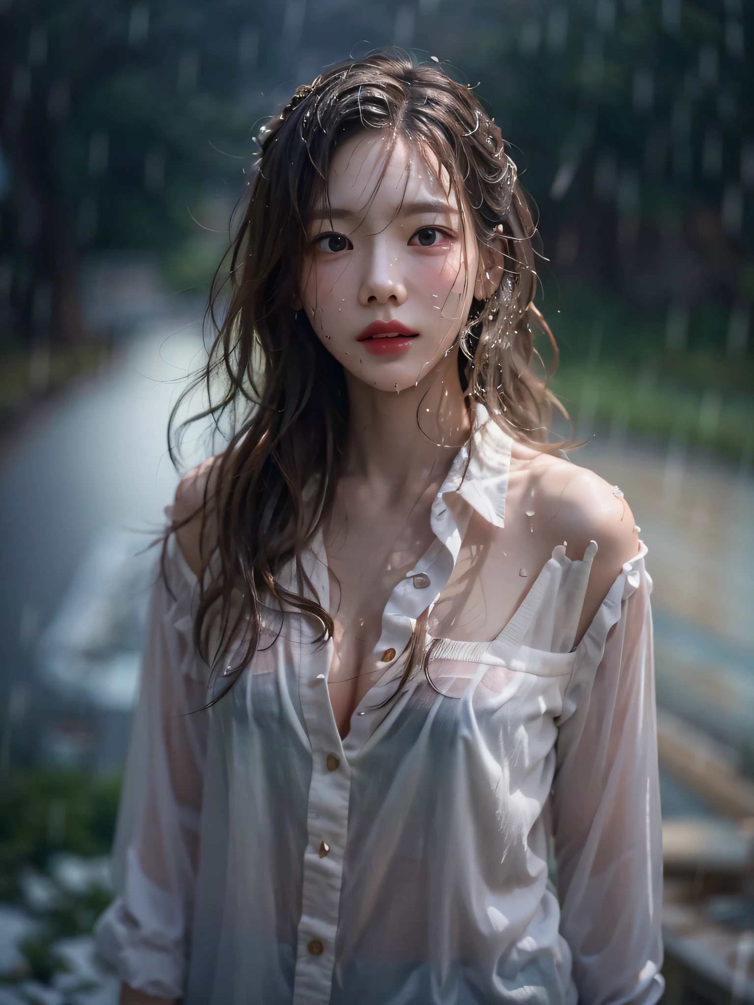 film photography, 1girl, wet white button long shirt, rain, wet, medium breast, full body, drunk blush, wavy shoulder-length hair, serene, calm, (realistic detailed eyes, natural skin texture, realistic face details), soft dramatic lighting, depth of field, bokeh, vibrant details, finely detailed, hyperrealistic