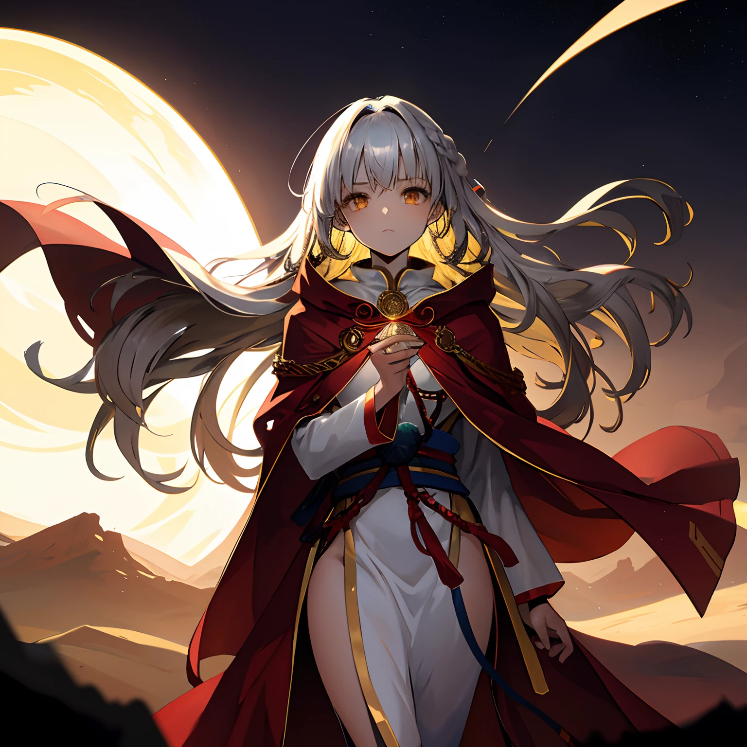 (rising sun),desert,shine,shining,glow,gleam,highlight,girl,glowing hair,gold hair,silver hair,long hair,aura of light,red cloak