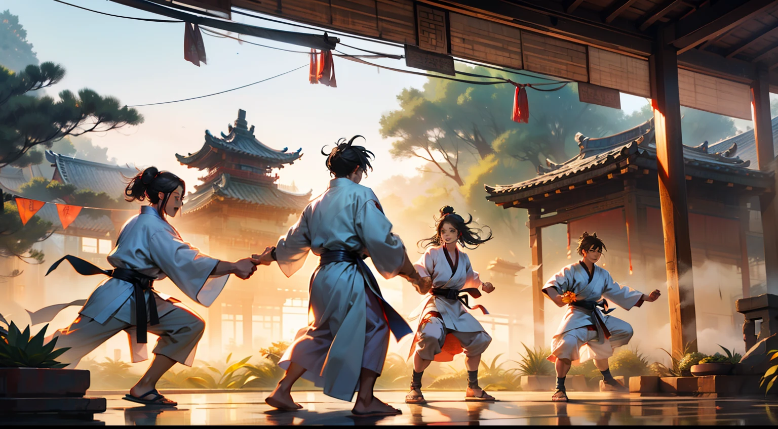 The Great Departure Dynasty、Long Yuan Province、The first great family、Fang family、Neifu、Vientiane Garden、in the early morning、fog atmosphere、Not dissipated、Kids、Morning、Practice martial arts、Morning exercises