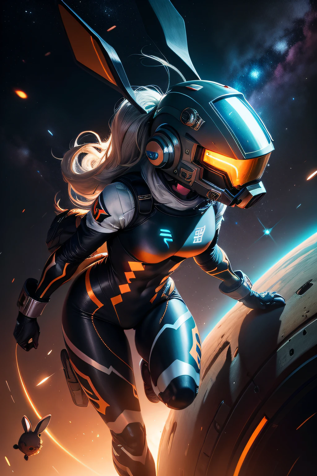 hyperrealistic, powerful, with a cute rabbit on its face. Its control helmet shines in the darkness of space, with well-developed leg muscles and claws on its feet, ready to take on any challenge. Alena Aenami style, ground angle