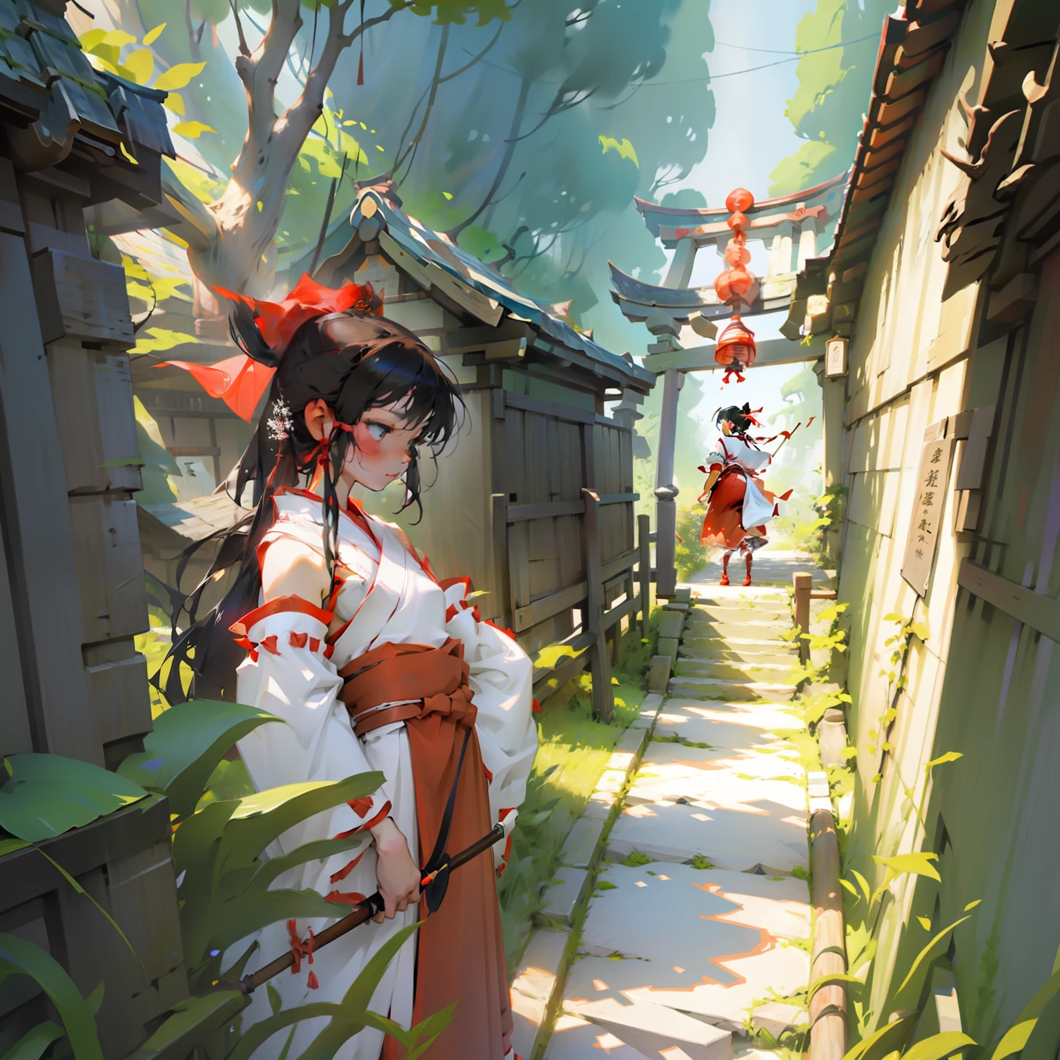 the image is a painting the has a fantasy in it. it also has a man with a walking stick on the left, hakurei shrine, 1girl, shrine, hakurei reimu, broom, stone lantern, solo, bow, donation box, tree, hair bow, rope, detached sleeves, shimenawa, pavement, red bow, shide, path