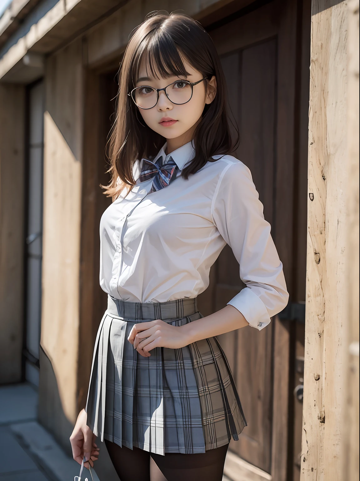 (8K、Raw photography、top-quality、masterpiece:1.2),(bob cuts),cocky,School,watching at viewers,Looking at the front,Muchimuchi,Erotic,Pupils,Light Blue Bra,de pele branca,kne,(Black pantyhose),absurderes,a small face,small tits,flat breast,Parting the bangs from the middle、Forehead visible,(a cold expression,Tight eyes,glares,Bullish,skinny,Rasping,irate)、masterpiece,top-quality、超A high resolution,Raw photo,ren,Beautiful fece,One Person, 独奏,eye glass,,Dark look,Small breasts,fullllbody,Round glasses、cute little、Back to Student,JK school uniform,hi-school girl,A Japanese Lady,is standing,(Photorealsitic:1.37)、Photon mapping,Realistic、Cute little face,Brown-eyed、Black socks、(Red bow tie)、Radio City、Physically Based Rendering、depth of fields、Blurry background、a picture,Body,s girl,beauty legs, Long legs, Thin leg,(Bangs are visible), hair, s lips, Blue_The eye, nosesoft,(Light blue shirt), (Navy and blue and white plaid pleated skirt), Knees are visible,Sheer clothing,, Thigh, Black cotton socks,Nogizaka Idol, 女優, Japanese ido