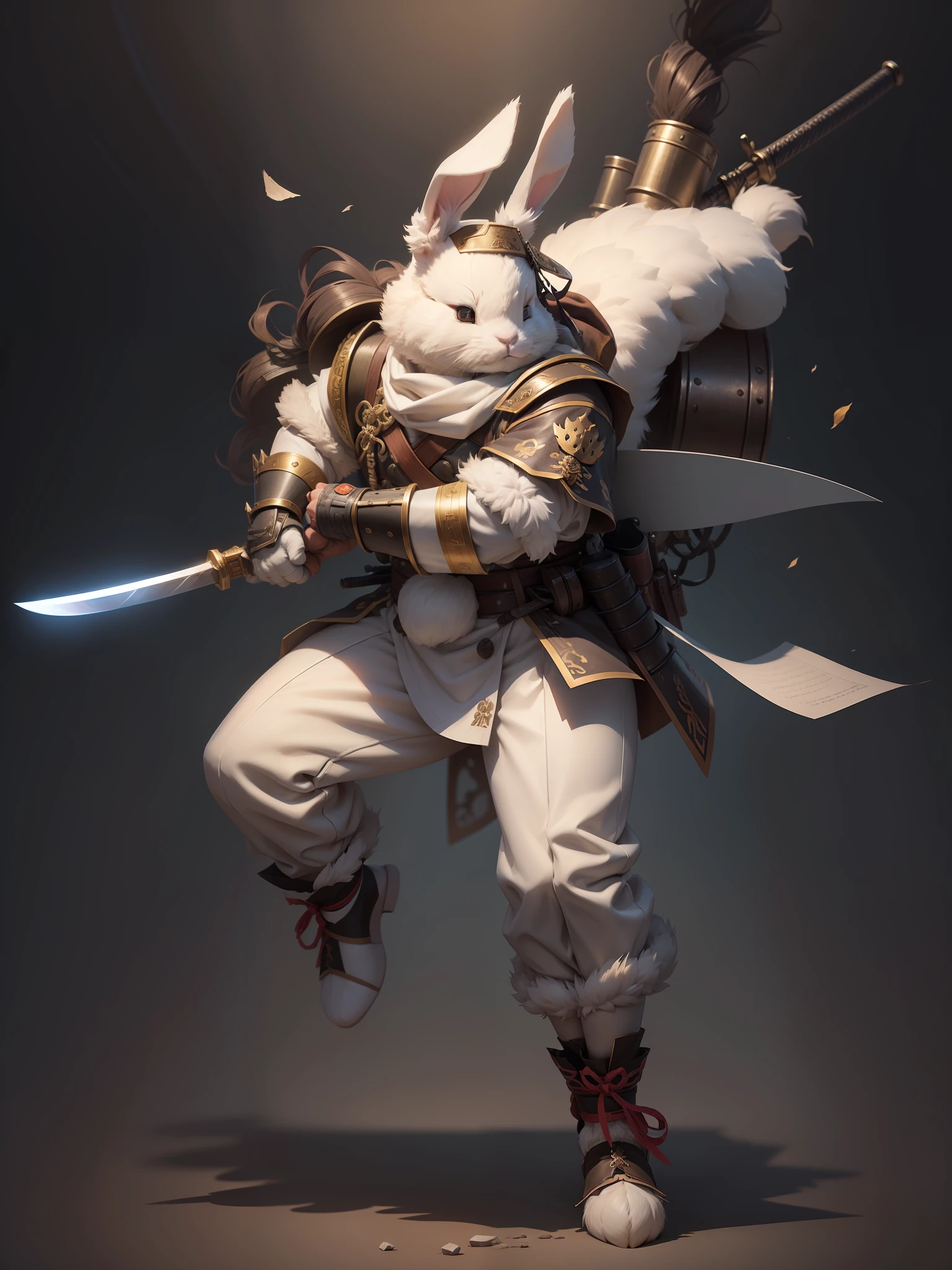 a full body shot, long shot of a cute fluffy white bunny, ((10 percent humanoid anatomy no human skin only bunny fur)) bandit with bandana head band, old parchment paper character sheet 24k resolution highly detailed photorealistic, realistic sketch, Rough sketch, mix of bold dark lines and loose lines, bold lines, humanoid, centered, focus on character, large samurai sword, and machine guns and fluffy bunny feet, ruff battle worn visage dusty cute fuzzy bunny feet, two bunny arms, two bunny legs, two bunny hands, two bunny feet.