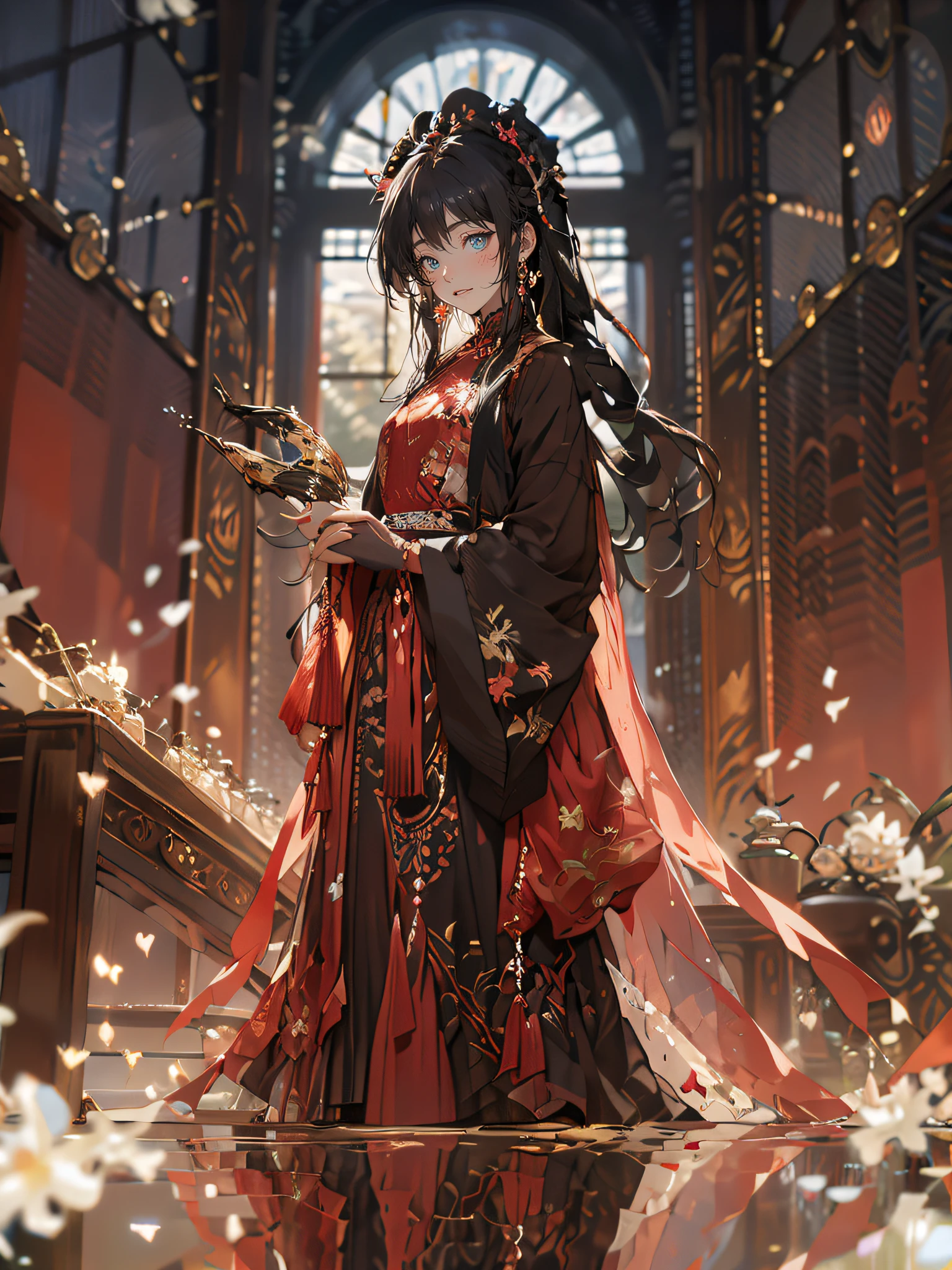 High quality anime art style,Dignified and gentle,Antique standing painting,Anime girl with teal hair,Seven-doppelganger shot,Design clothing,Splash ink background,Hair fluttering