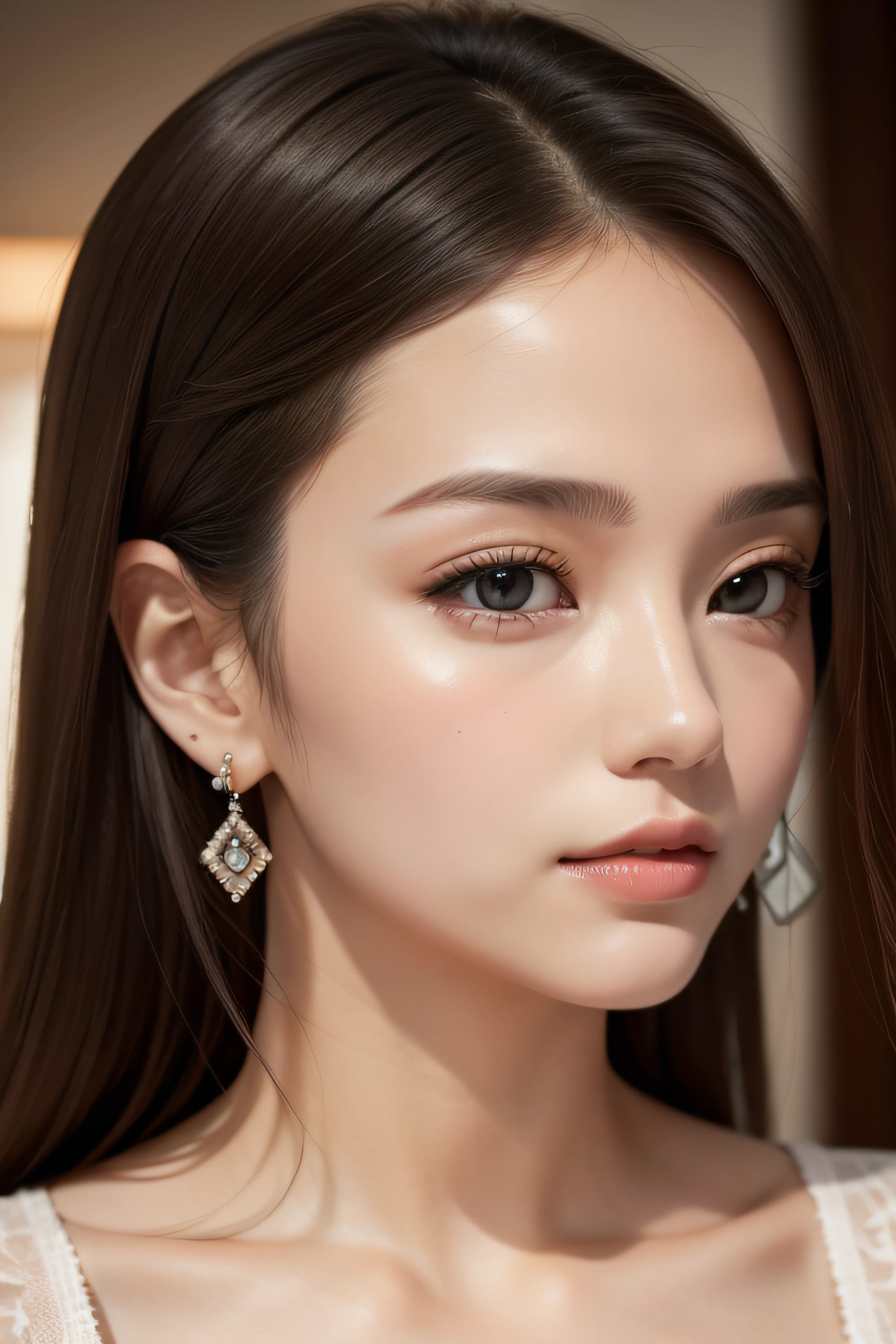 A pretty woman, delicate features directed gaze, Earrings