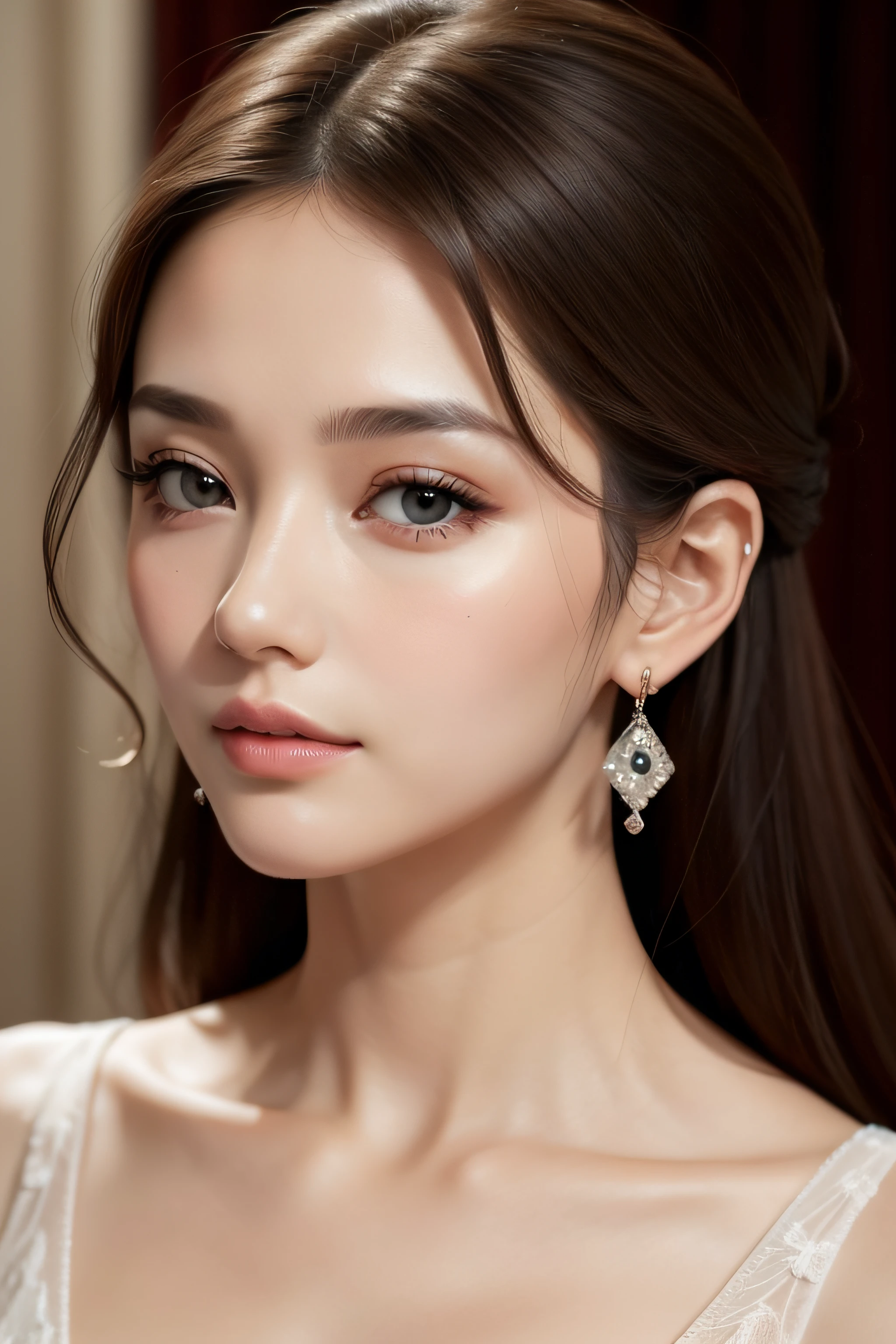 A pretty woman, delicate features directed gaze, Earrings