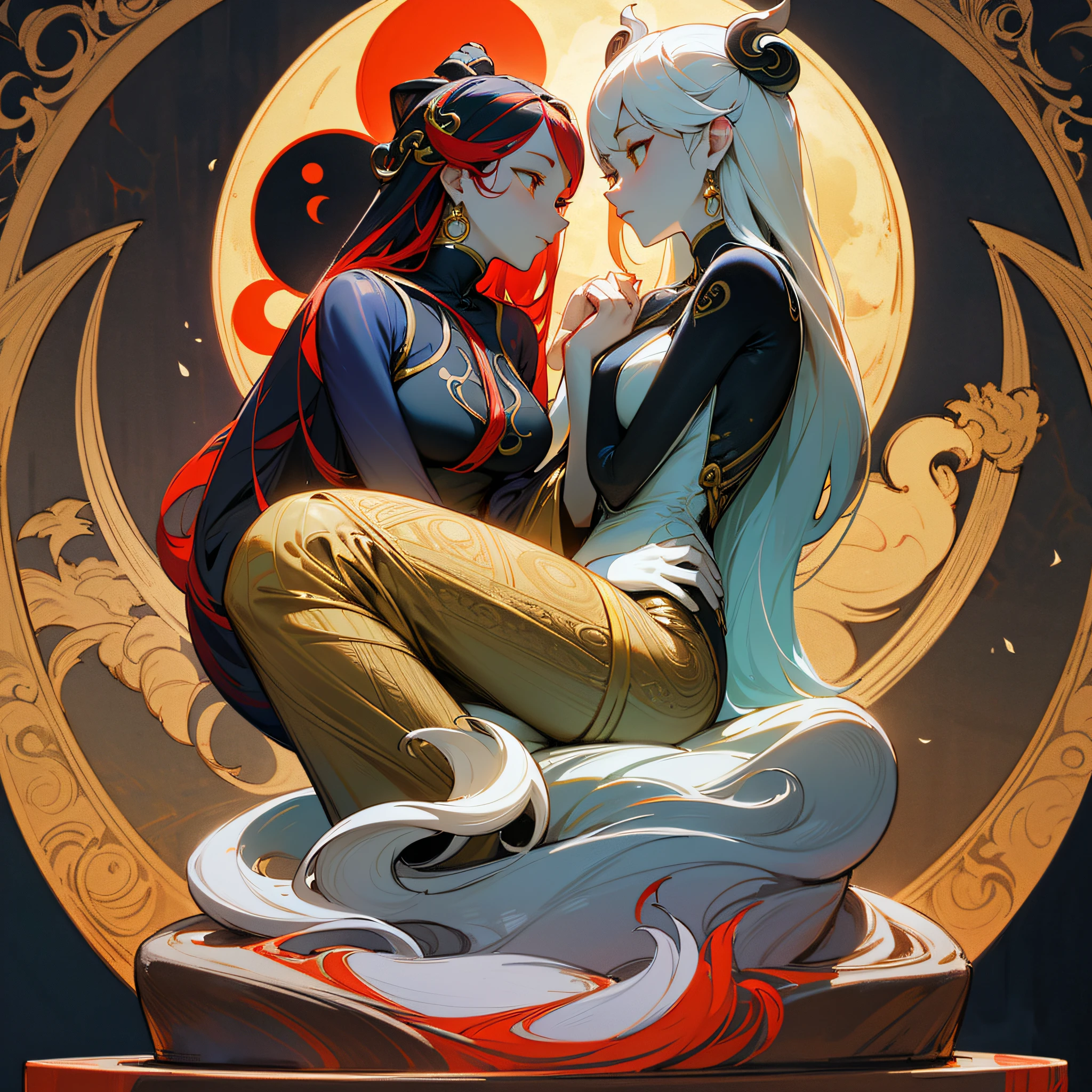 (maximum quality, exquisite design, better lighting, better shading), statue in the form of Yin Yang, under the moon and the sun, detailed and realistic details, intricate, carved in red and yellow marble (only the multicolored hair), shining with moonlight and sunlight, a perfect balance between light and dark, mystical and serene.