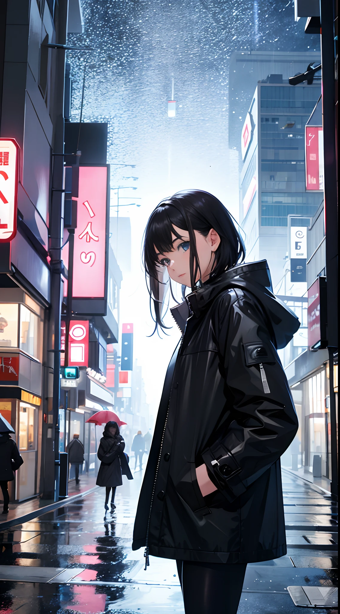 1girl, Night City, rain, coat, hands in pockets