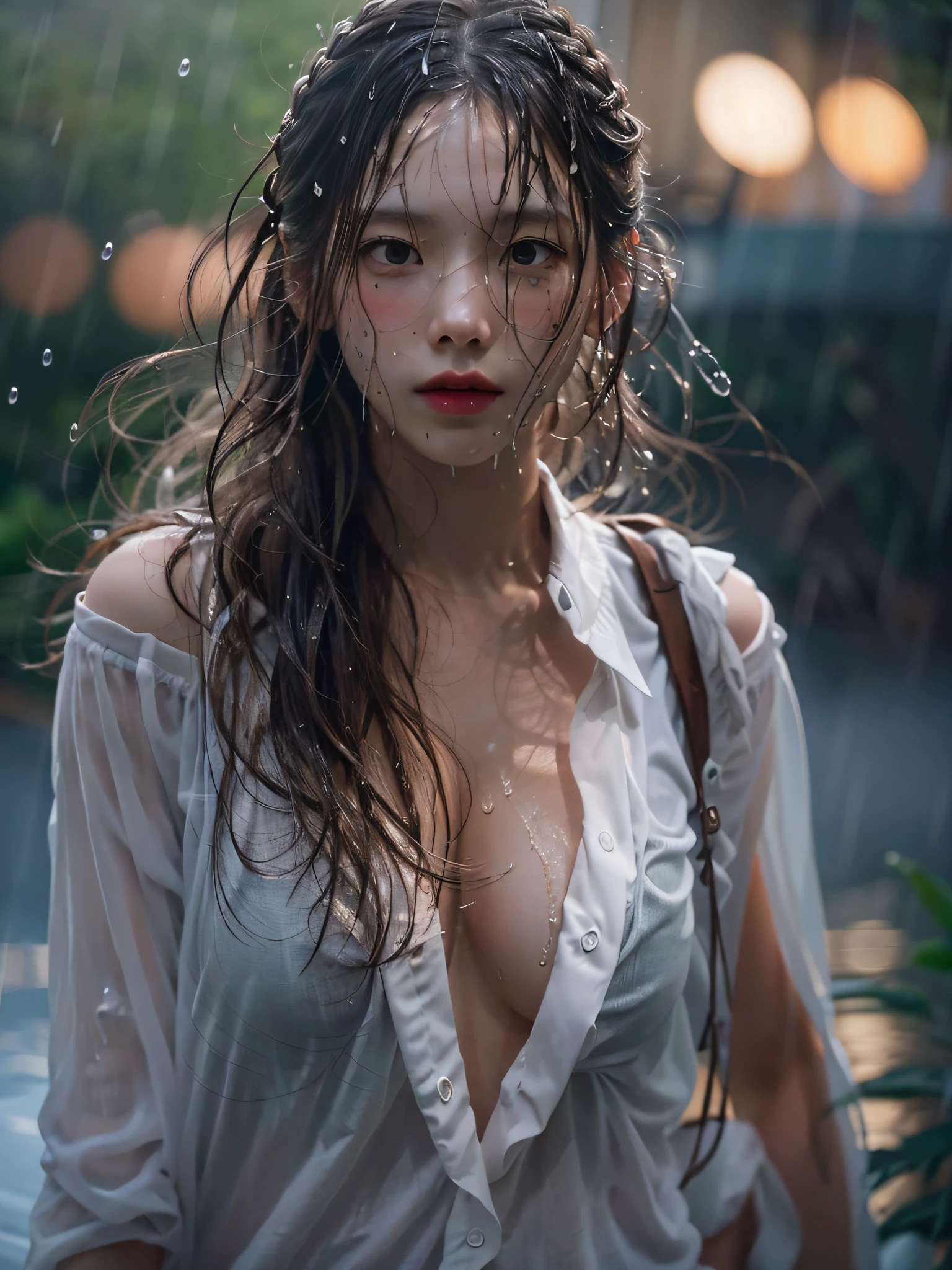 film photography, 1girl, wet white unbuttoned long shirt, no bra, boobs, rain, wet, medium breast, full body, drunk blush, wavy shoulder-length hair, serene, calm, (realistic detailed eyes, natural skin texture, realistic face details), soft dramatic lighting, depth of field, bokeh, vibrant details, finely detailed, hyperrealistic