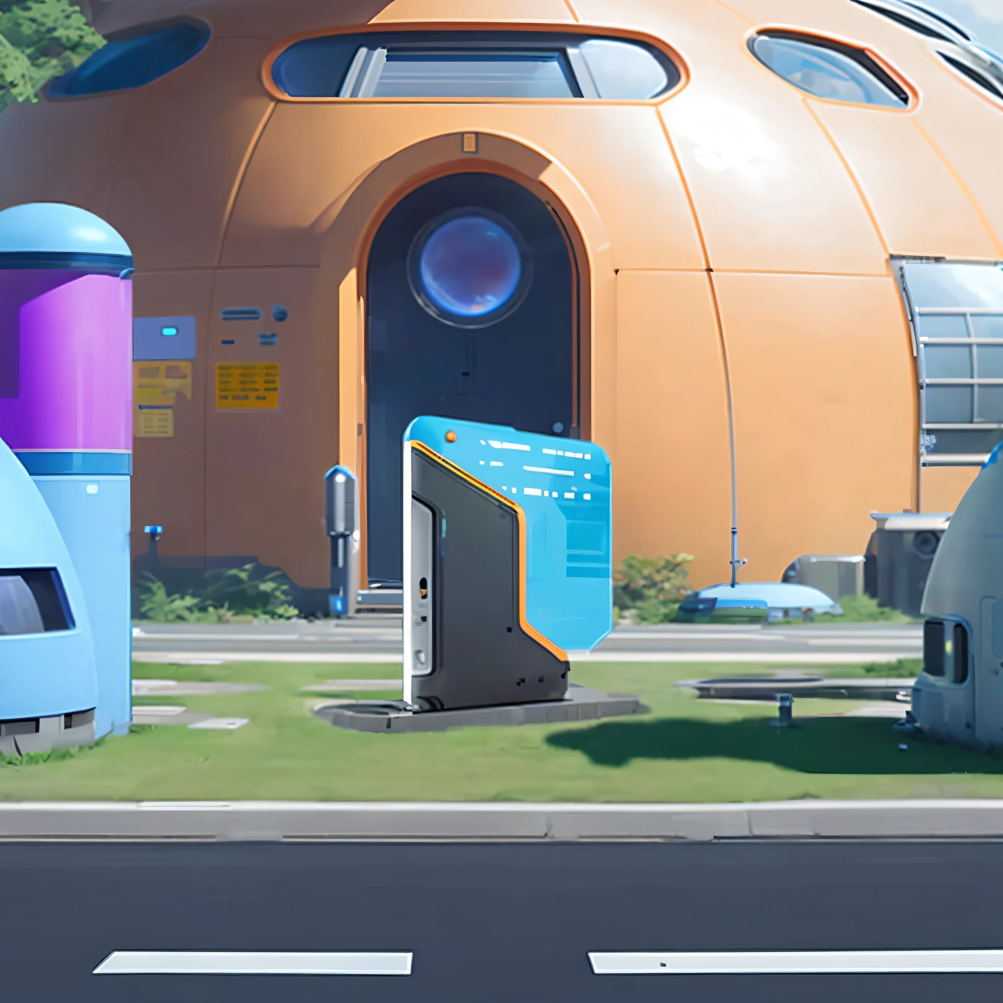 there is a small blue and orange building with a big orange dome, gas station in space, sci-fi vending machine, sci - fi vending machine, concept art | dyson, futuristic outpost building, cyberpunk bus stop, stylized concept art, overwatch building, spaceport, space port, concept art digital illustration, research outpost, retrofuturistic digital painting, spaceship in background