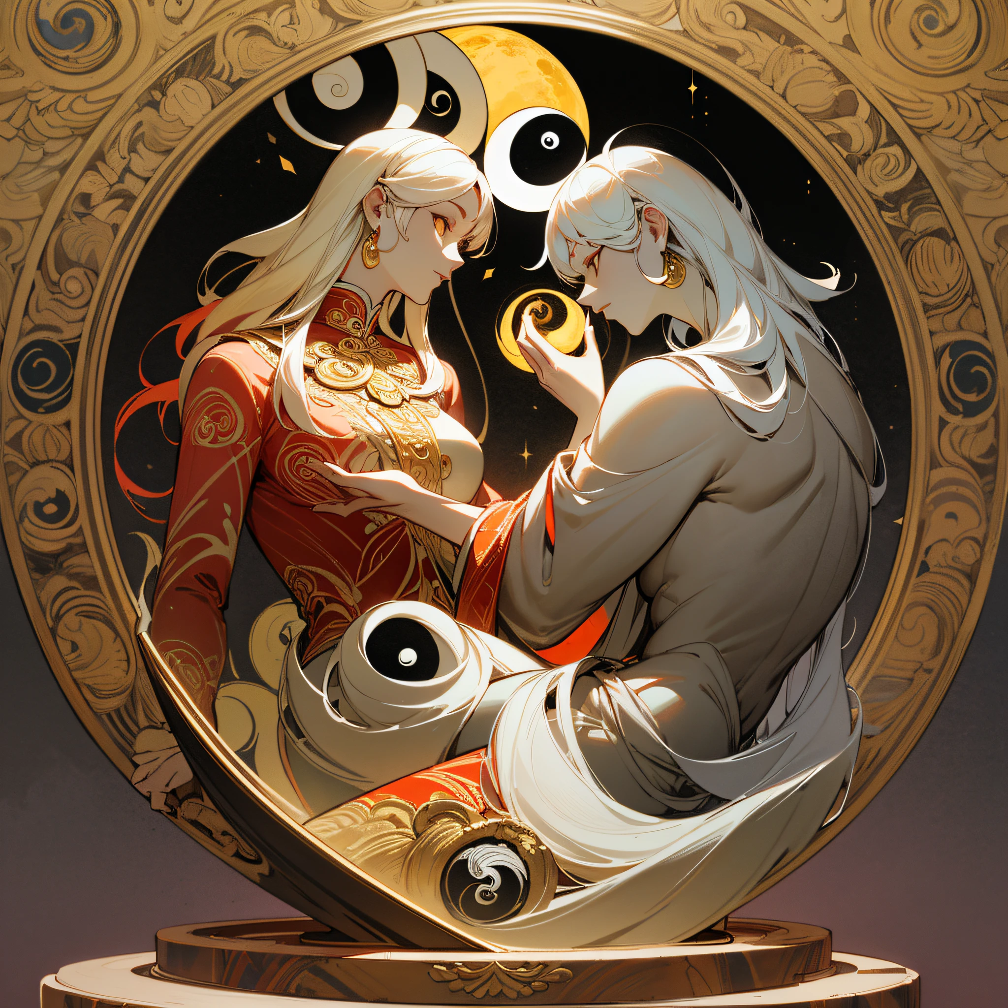 (maximum quality, exquisite design, better lighting, better shading), statue in the form of Yin Yang, under the moon and the sun, detailed and realistic details, intricate, carved in red and yellow marble (only the multicolored hair), shining with moonlight and sunlight, a perfect balance between light and dark, mystical and serene.