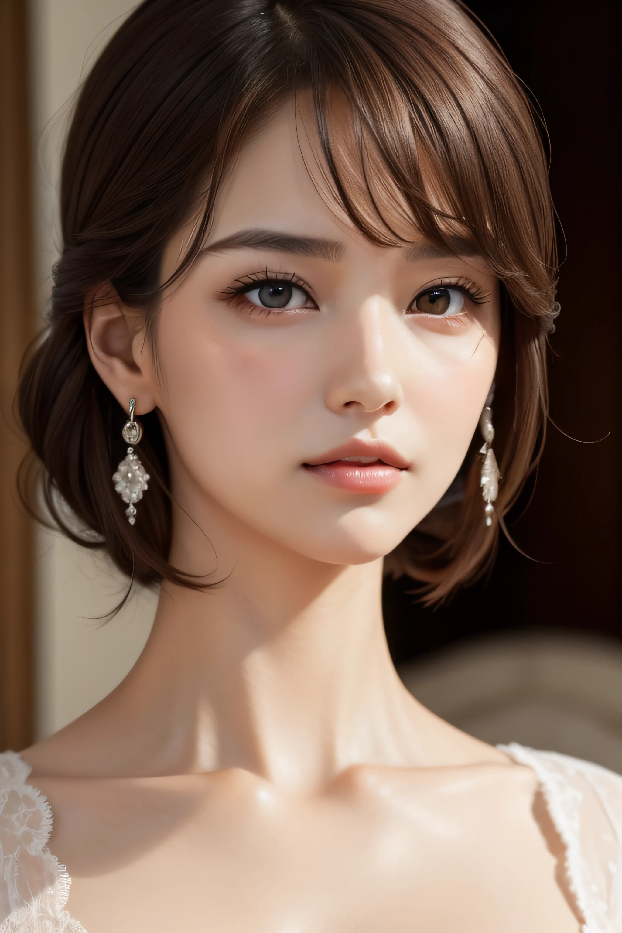 A pretty woman, delicate features directed gaze, Earrings