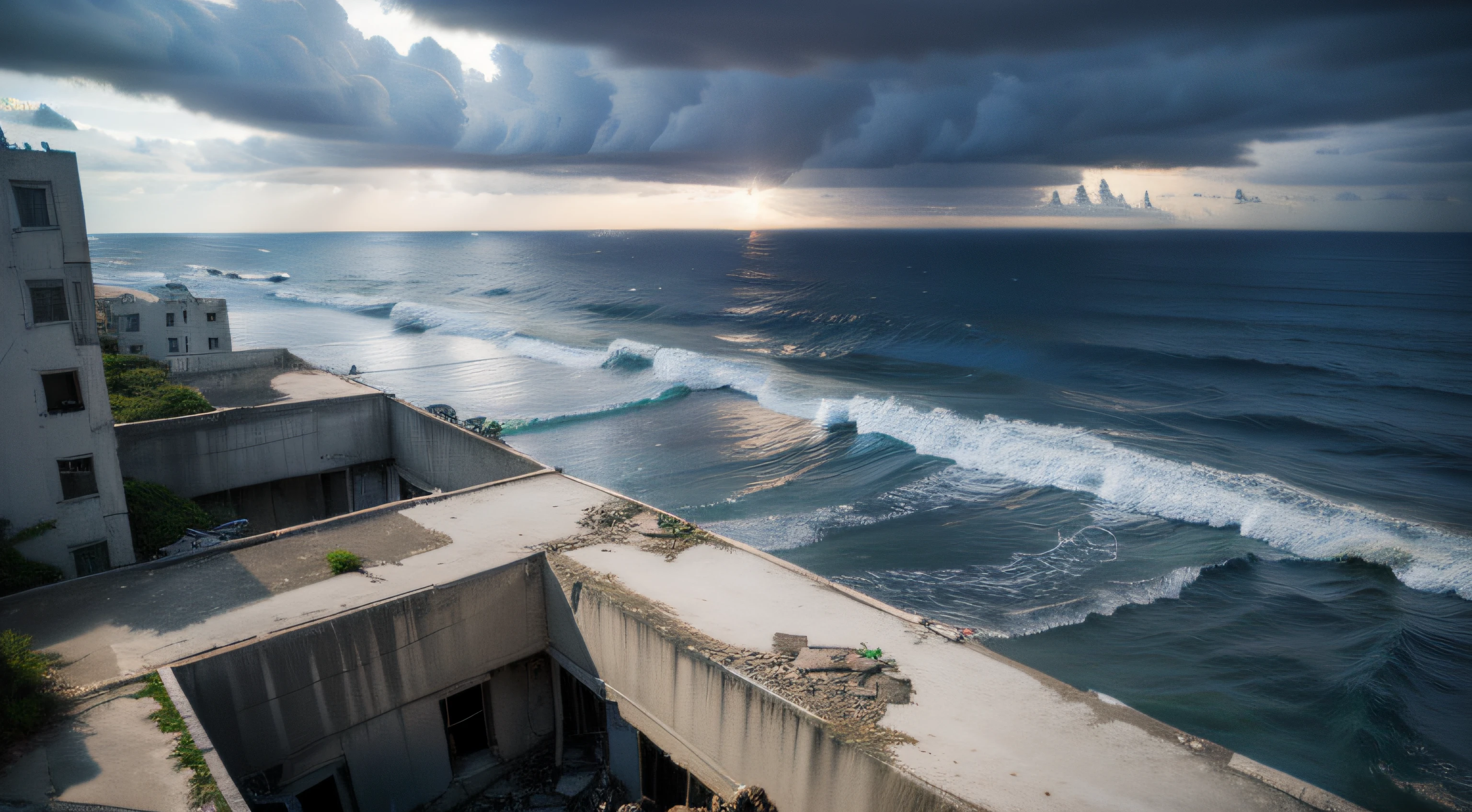 Calm the ocean，Abandoned cities，High-rise buildings，Remains Cliff，armored concrete，Be in the middle of it，dark stormy clouds，futuritic architecture，delicated，Wallpapers，k hd，higher details，barren，lifeless，Abandoned houses，After the end times，A doomsday scene，cyber punk perssonage。