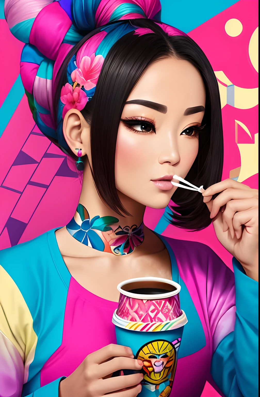 (A BEAUTIFUL ORIENTAL WOMAN WITH A CUP OF COFFEE COMING OUT SMOKE IN HER HAND, Beautiful cup ,Coloridas ,pink and blue WRITTEN WE COOFFE IN THE CUP ), Eduardo Kobra ,Romero Brito,The Filling Twins ,multidimensional geometric wall PORTRAIT, arte, Chibi,
Yang08k, lindo, Colouring,
Primary works, qualidade superior, melhor qualidade, Arte Oficial, Beautiful and Aesthetic, 128 mil