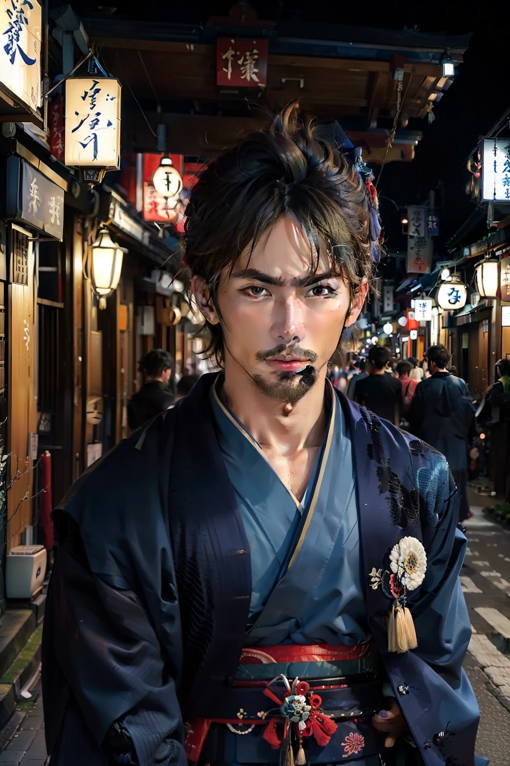 A refreshing man 26 years old wearing a dark blue kimono and walking through the streets of Kyoto