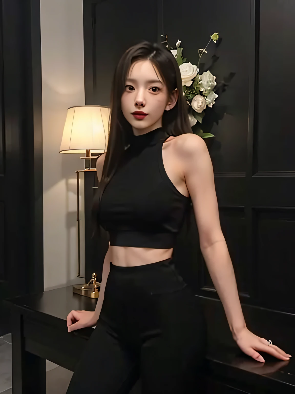 "((Best quality, Masterpiece)), Beautiful portrait of a 22 year old woman with perfect figure, Wearing black thigh leggings. Her delicate eyes (x1.1) and face (x1.2) mesmerising."