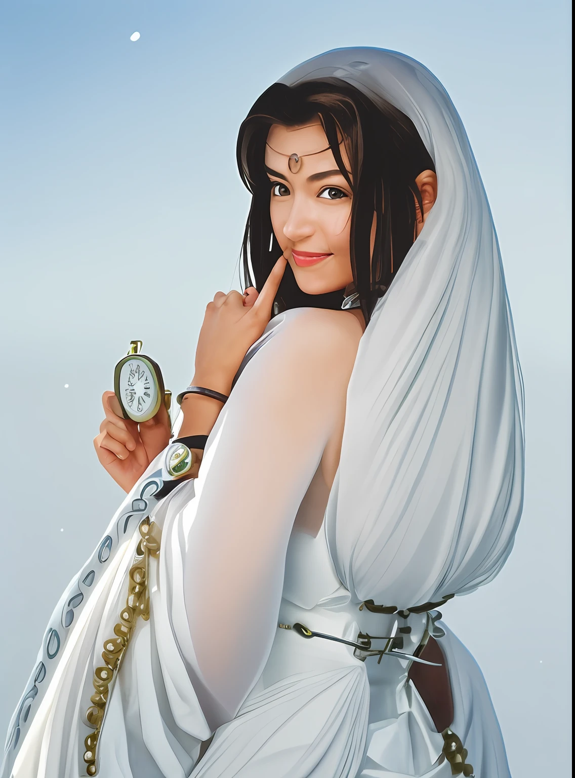A smile、Close up portrait of woman in white dress holding watch, Mountain scenery