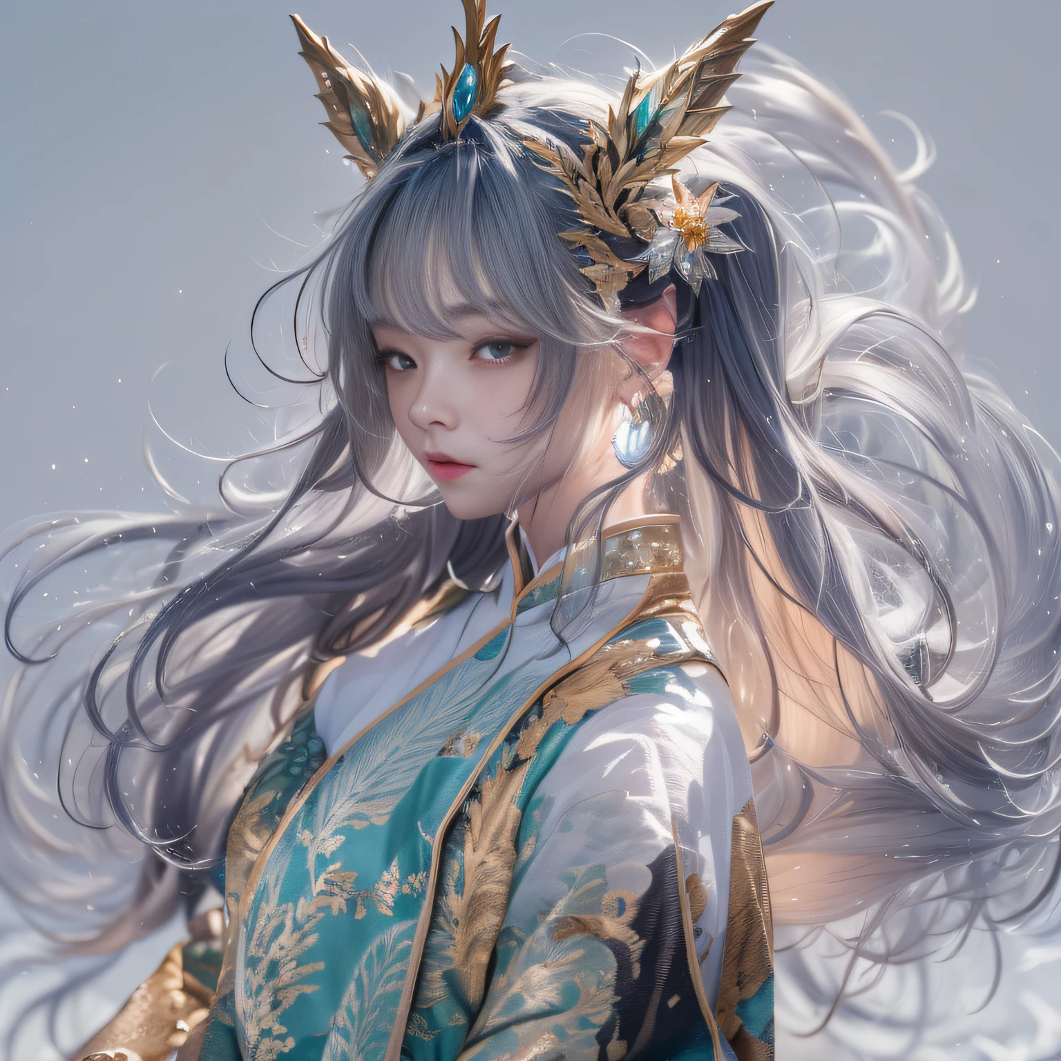 32K(tmasterpiece,k hd,hyper HD,16k)Flowing short hair,Backroom pond,zydink, a color, Asian people (A unicorn), (Silk scarf), Combat posture, looking at viewert, long whitr hair, Floating hair, Hanfu, Chinese clothes, longer sleeves, (abstract ink splash:1.2), white backgrounid,Horse unicorn beast(realisticlying:1.4),Snowflakes fluttering,The background is pure, A high resolution, the detail, RAW photogr, Sharp Re, Nikon D850 Film Stock Photo by Jefferies Lee 4 Kodak Portra 400 Camera F1.6 shots, Rich colors, ultra-realistic vivid textures, Dramatic lighting, Unreal Engine Art Station Trend, cinestir 800,