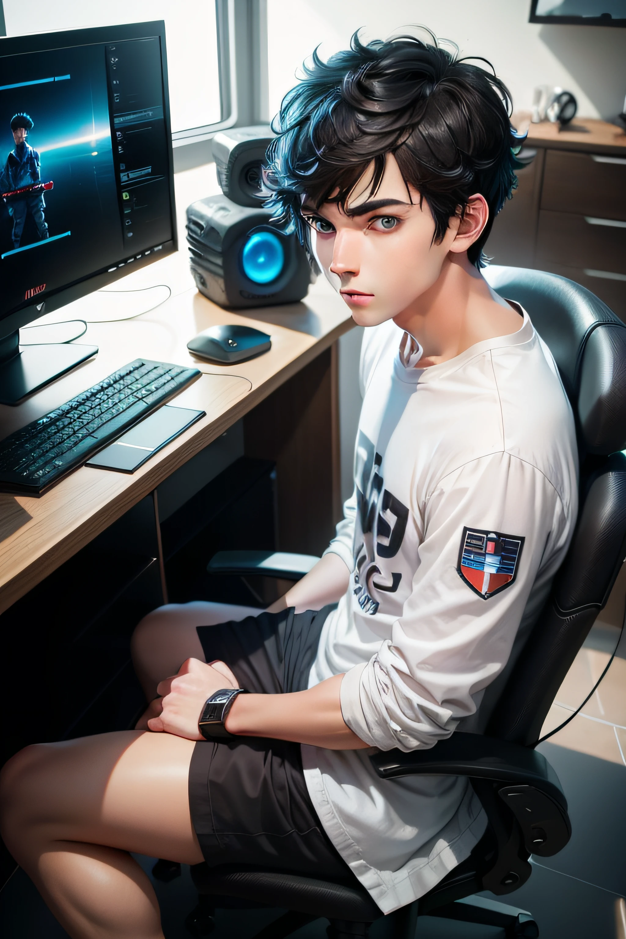 Best quality: 1.0), (Super High Resolution: 1.0), Anime boy, short black hair, blue eyes, sitting in front of computer playing games, background in esports room,