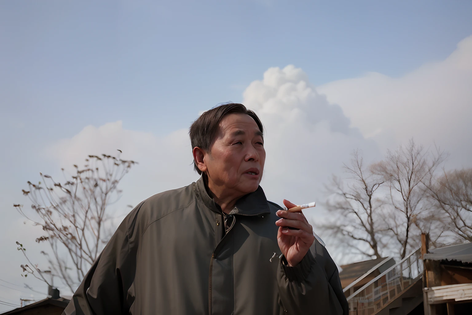 Old man smoking in residential area with sky background, he is smoking a cigarette, qi sheng luo, song nan li, inspired by Li Tiefu, xiang duan, huifeng huang, xiaoguang sun, a photo of a man, bo xun ling, zeng fanzhi