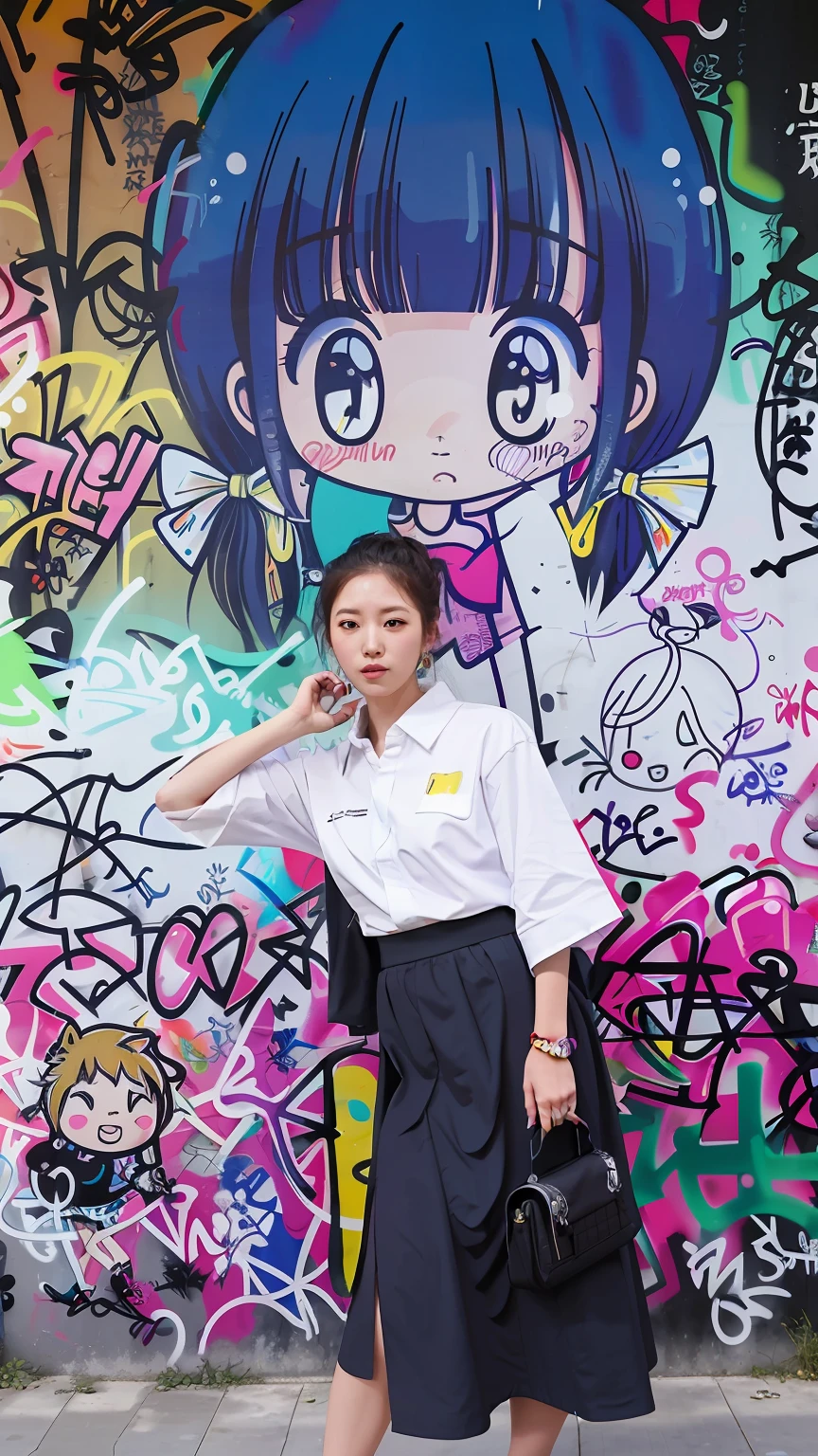 Arad woman in skirt and shirt poses in front of graffiti wall, inspired by Chiho Aoshima, in Tokyo, Chiho Aoshima, Junko Enoshima, random artist, chiho, in neo tokyo, graffiti in background, japanese illustrator, Colorful picture, artist arata yokoyama, natsumi mukai artwrok