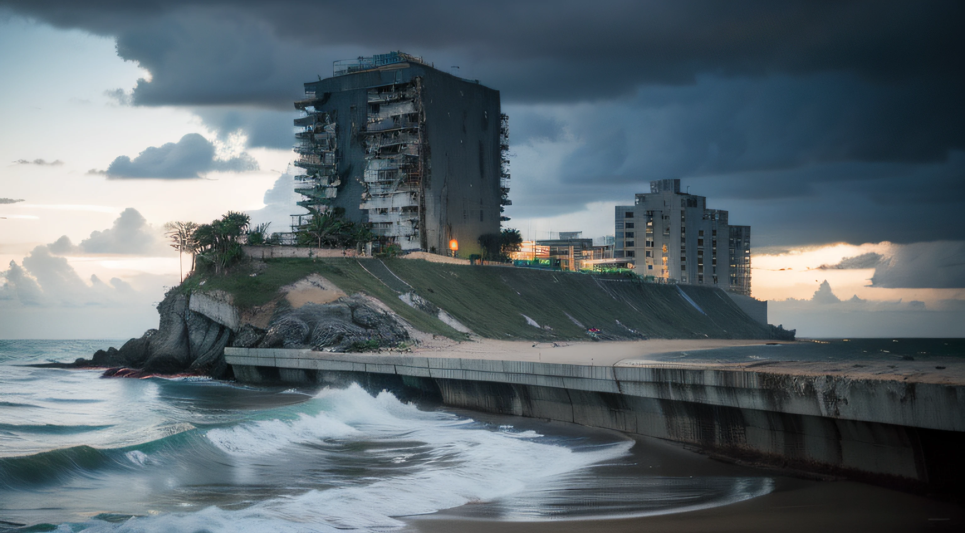 Calm the ocean，Abandoned cities，High-rise buildings，Remains Cliff，armored concrete，Be in the middle of it，dark stormy clouds，futuritic architecture，delicated，Wallpapers，k hd，higher details，barren，lifeless，Abandoned houses，After the end times，A doomsday scene，cyber punk perssonage。