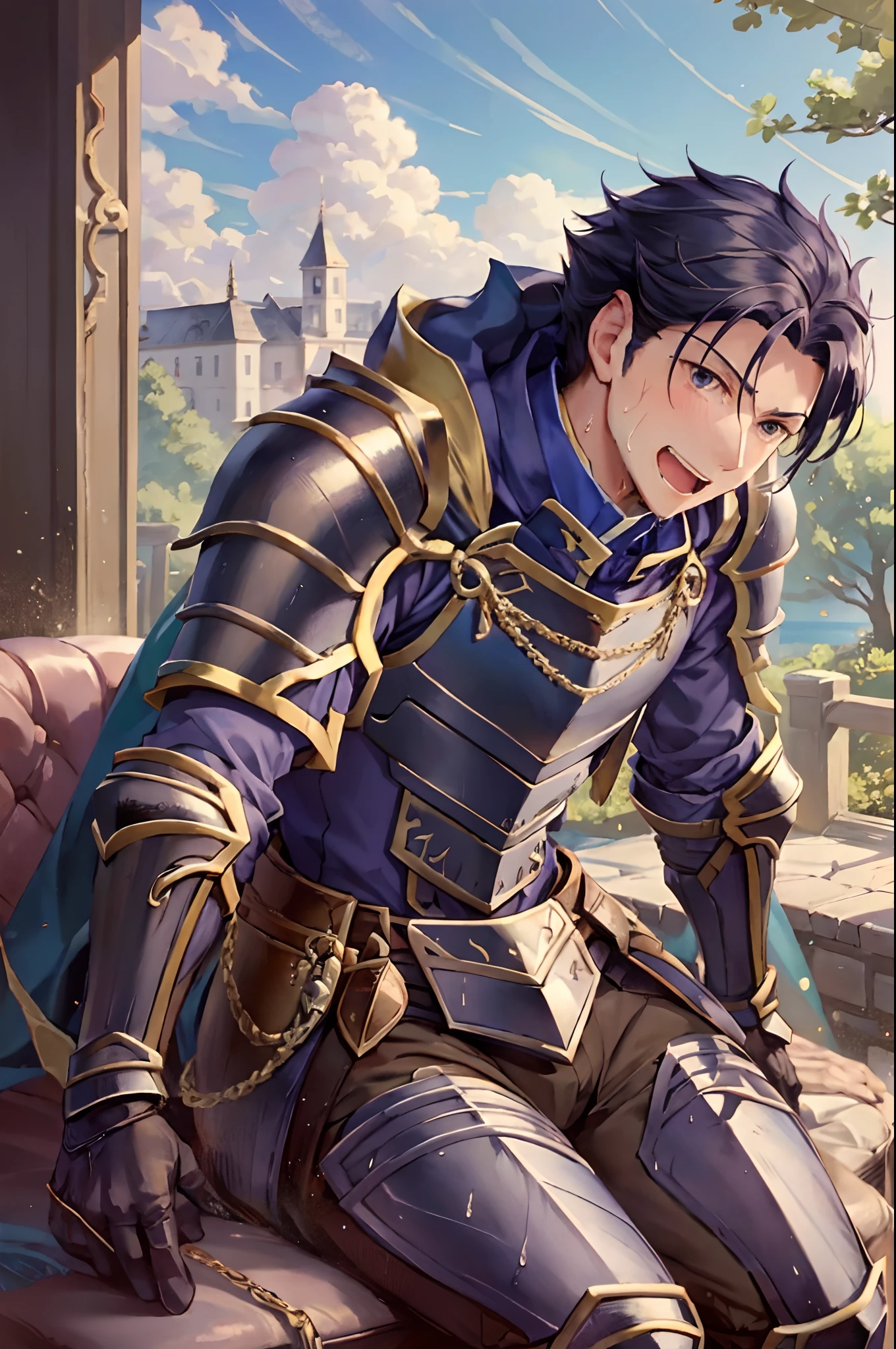 Hector Fey, 独奏, looking at viewert, Teasing laughter, Open your mouth,drools,perspire,Drenched,Get wet,mitts, 1 man, Male focus, sit astride(sit on chair),Cloak, Armour, Shoulder armor, look from down