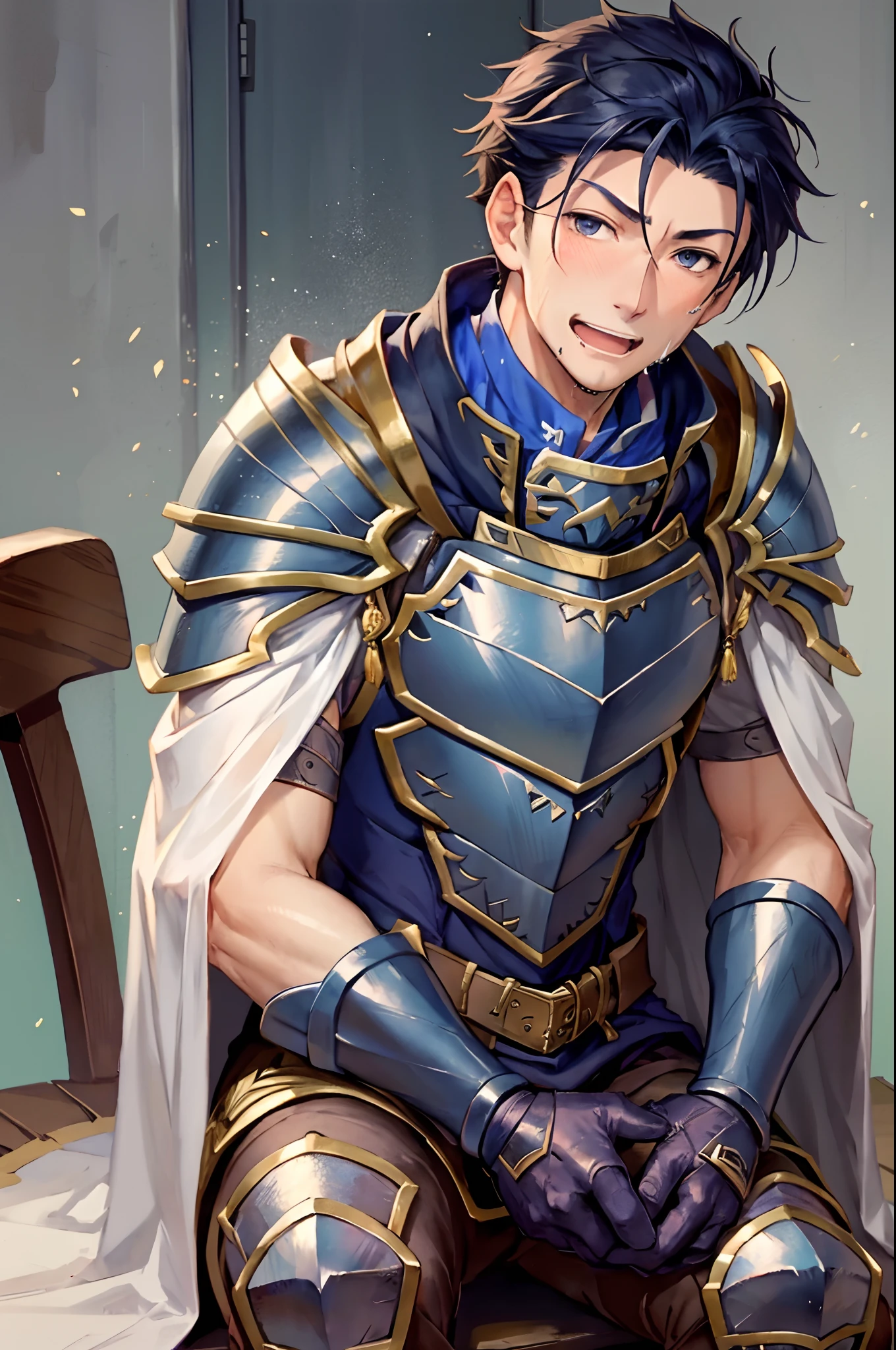 Hector Fey, 独奏, looking at viewert, Teasing laughter, Open your mouth,drools,perspire,Drenched,Get wet,mitts, 1 man, Male focus, sit astride(sit on chair),Cloak, Armour, Shoulder armor, look from down