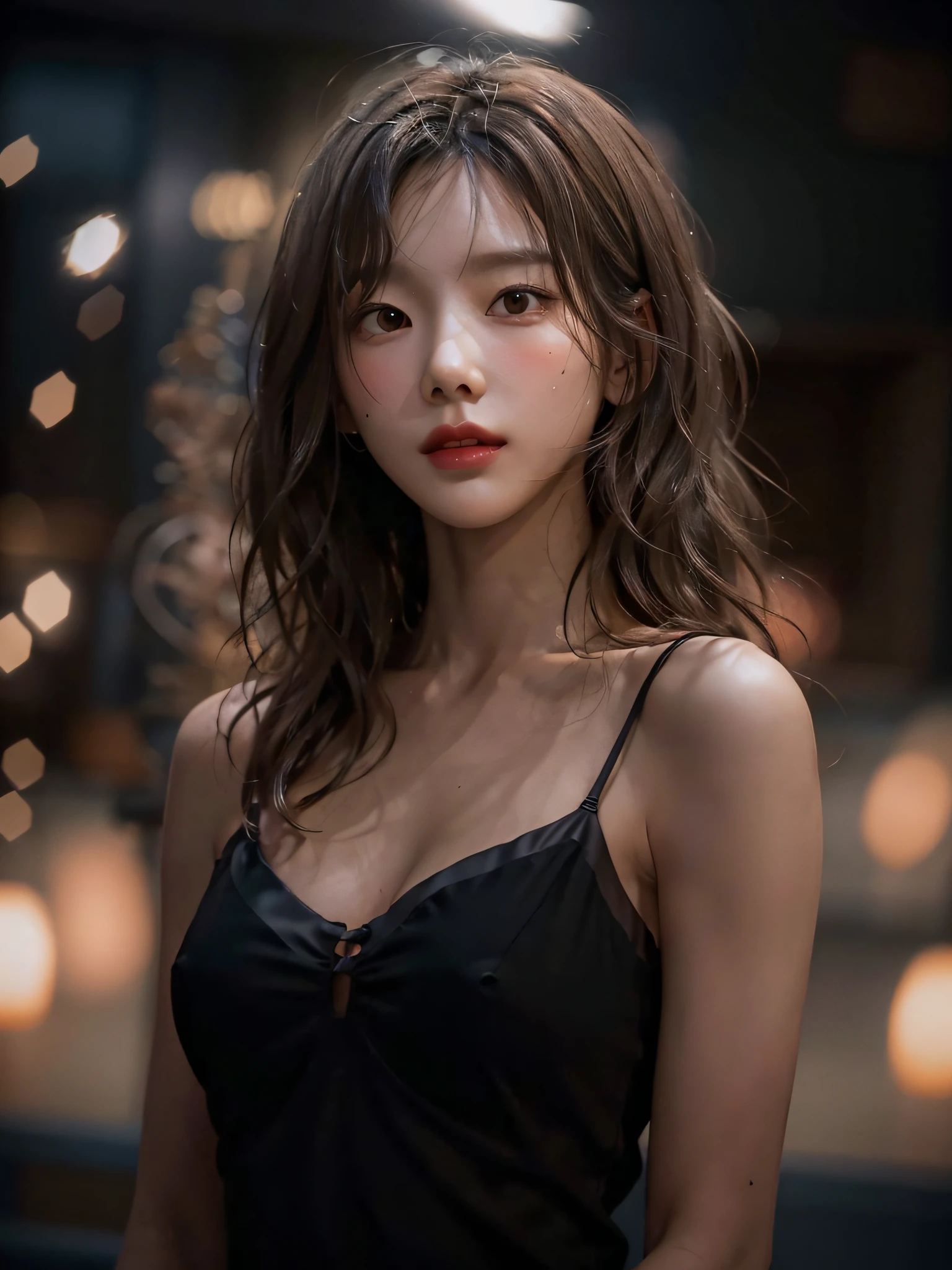 film photography, 1girl, tight black mini dress:1.2, sensual, medium breast, full body, drunk blush, wavy shoulder-length hair, serene, calm, (realistic detailed eyes, natural skin texture, realistic face details), soft dramatic lighting, depth of field, bokeh, vibrant details, finely detailed, hyperrealistic