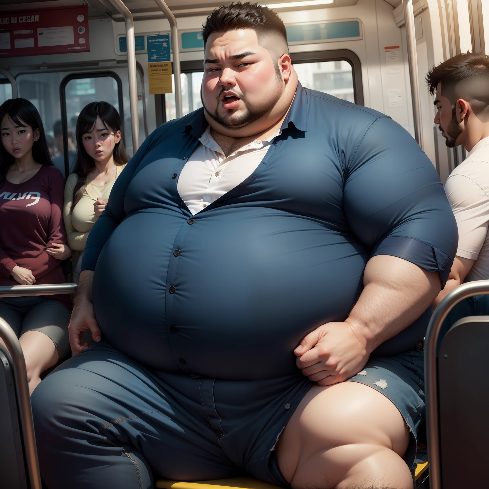 Fat man inside a crowded bus