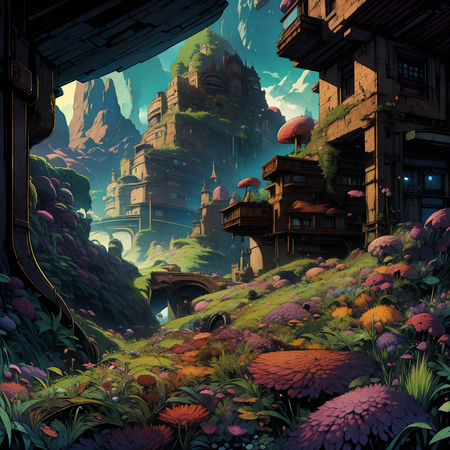 ghibli, no humans, castles, waterfall, flying islands, mountains ferrofluids, lineart, landscape, illustration, high quality, best quality, (high detailed:1.2), (extremely detailed:1.3)