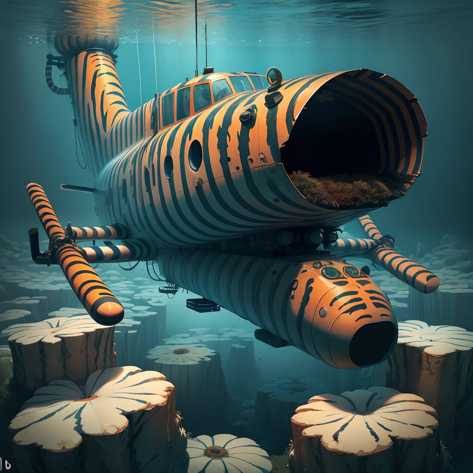TigerstripeAI submarine deep underwater, top-down view