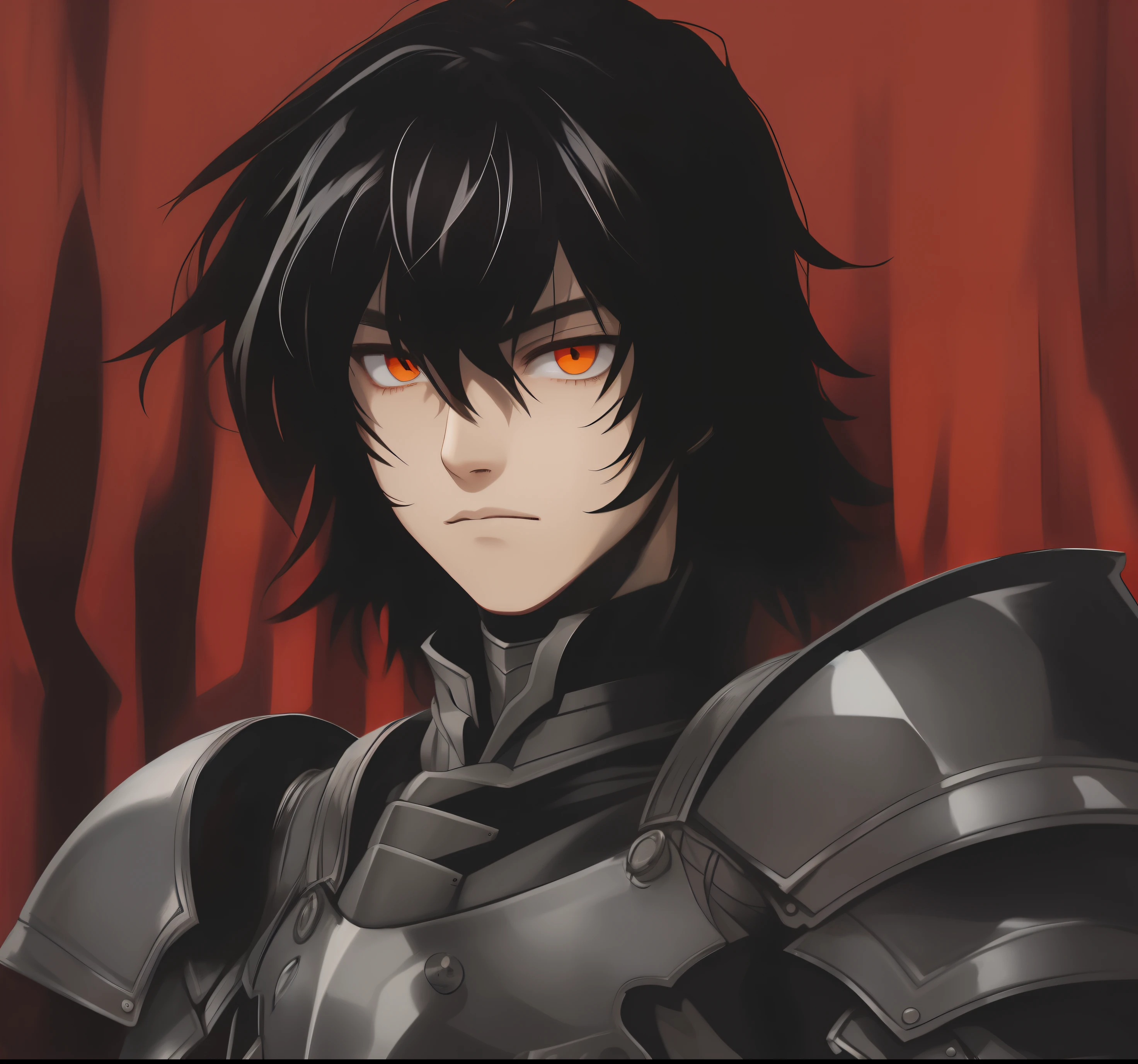 Young gentleman, armor, medium black hair, young boy, orange eyes
