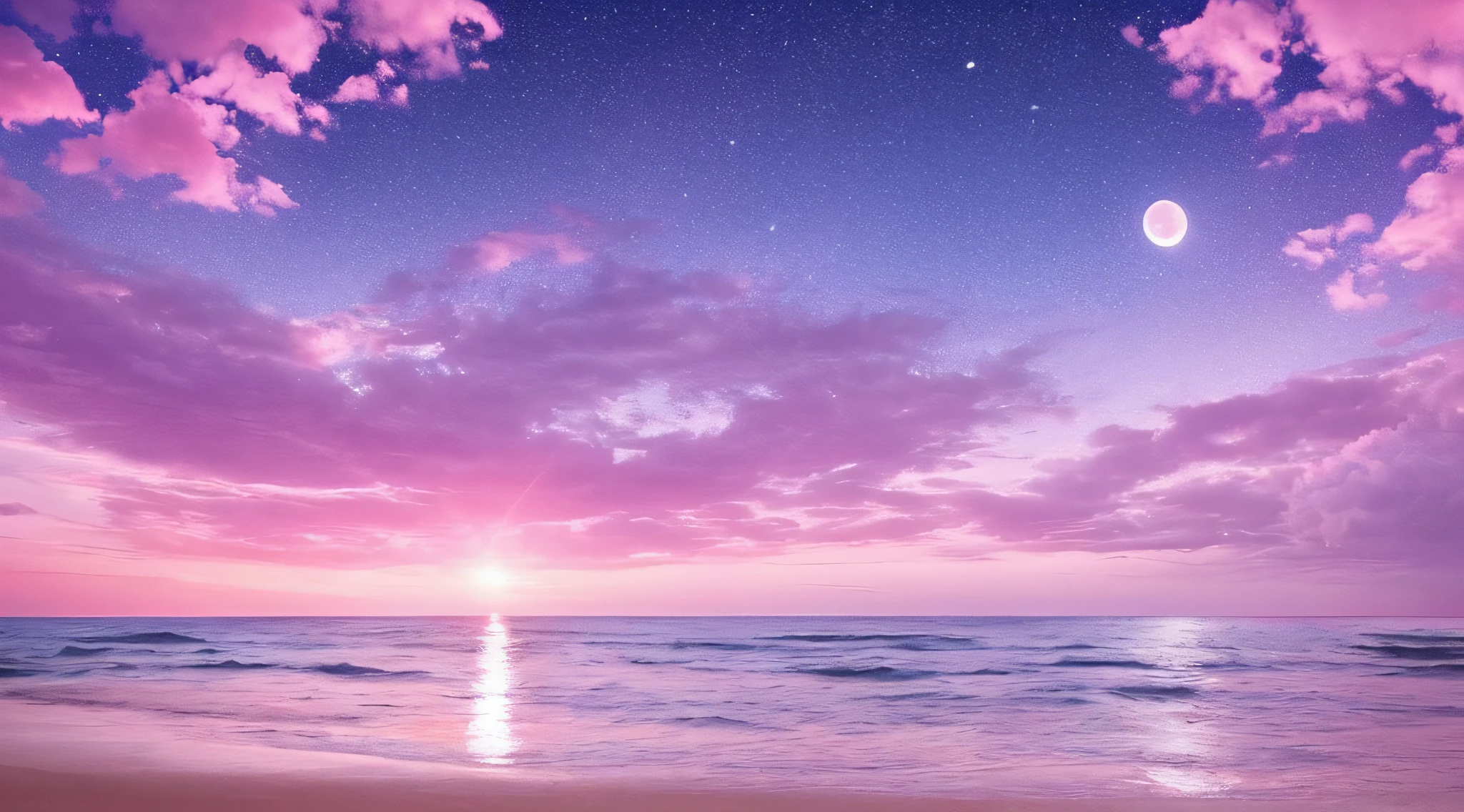 Pink moon, pink sky, soft pink clouds, pink ocean waves sparkling, sparkling, pink roses on pink ocean, fantasy, diamond, crown, universe, soft lights,