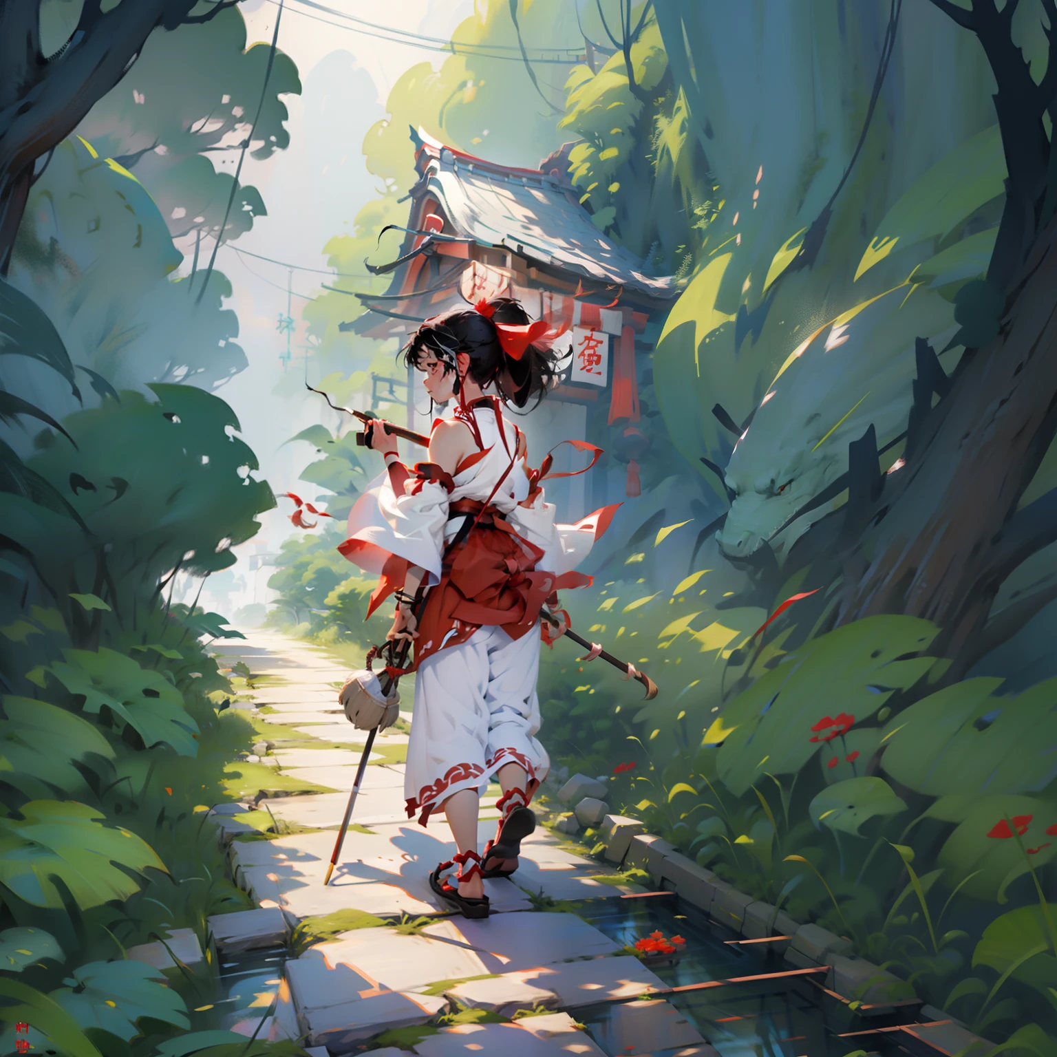 the image is a painting the has a fantasy in it. it also has a man with a walking stick on the left, hakurei shrine, 1girl, shrine, hakurei reimu, broom, stone lantern, solo, bow, donation box, tree, hair bow, rope, detached sleeves, shimenawa, pavement, red bow, shide, path