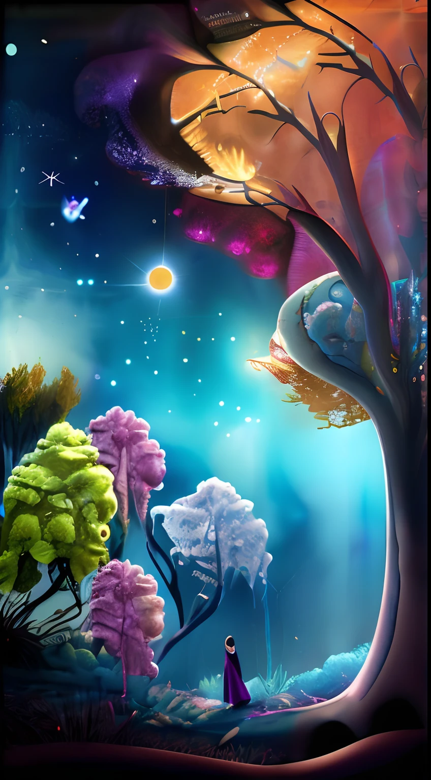 Incredible and spectacular scene, a "((high quality)), (detailed)), ((fantasy)), illustration, perspective (45 degree tilt angle), theme (enchanted forest style), scene elements (handsome boy, beautiful girl), picture quality (3D rendering effect), exquisite details, beautiful lights "emerge from glowing clouds, fractal nebula lines, cosmic entities, celestial bodies, universes, vibrant and vivid, swirling, rotating, impractical, high contrast, co-metabolic, magical, mysterious, mysterious, surreal, Oversaturated, colorful