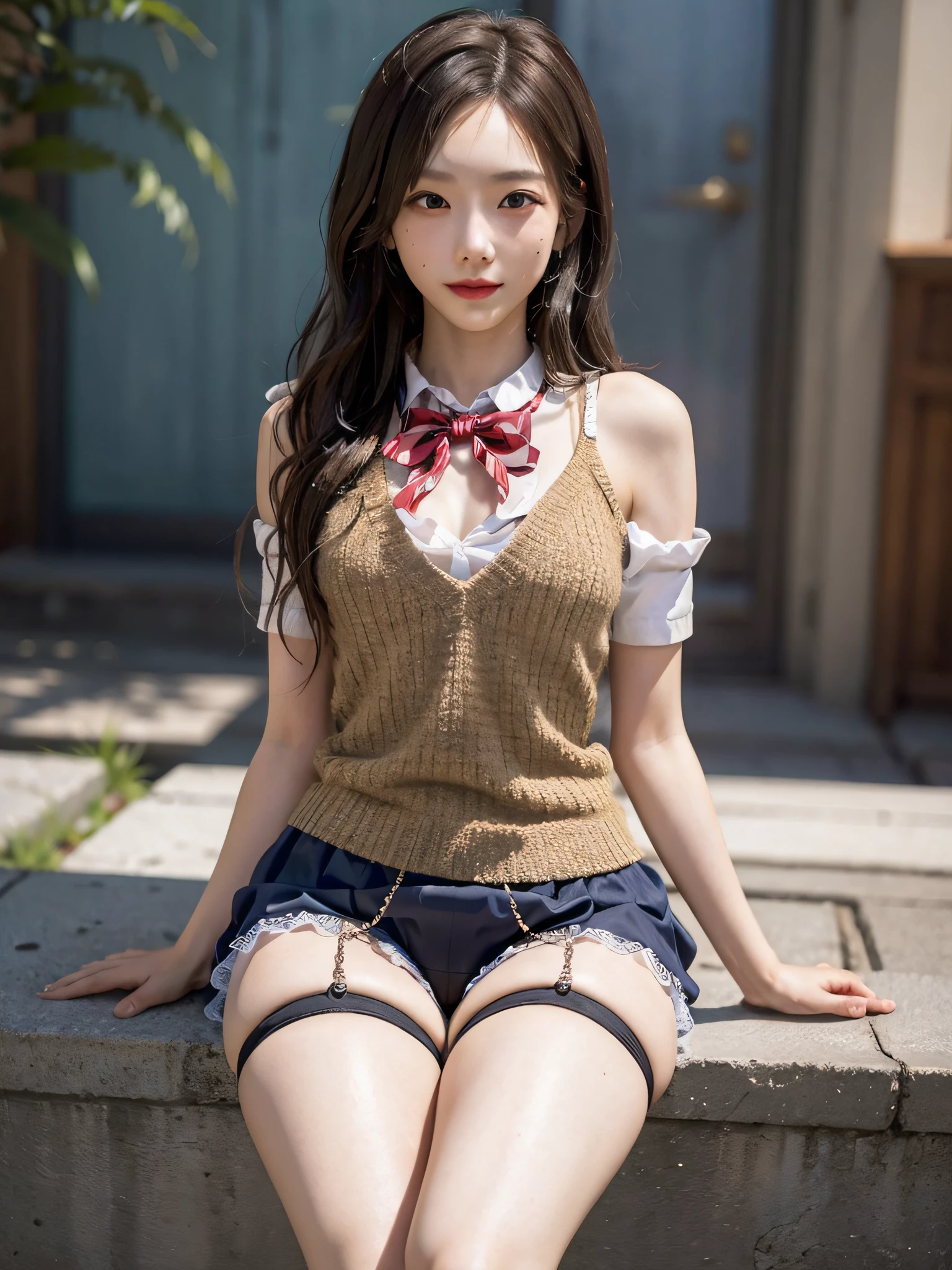 film photography, 1girl, ((Japanese girls' high school uniform)), ((no panties)), ((dynamic pose))), (camel toe), (half), (pantyhose), (knee-bending leg sitting)), very detailed CG uniform, seductive smile, medium breast, full body, drunk blush:1.5, black wavy shoulder-length hair, serene, calm, (realistic detailed eyes, natural skin texture, realistic face details), soft dramatic lighting, depth of field, bokeh, vibrant details, finely detailed, hyperrealistic