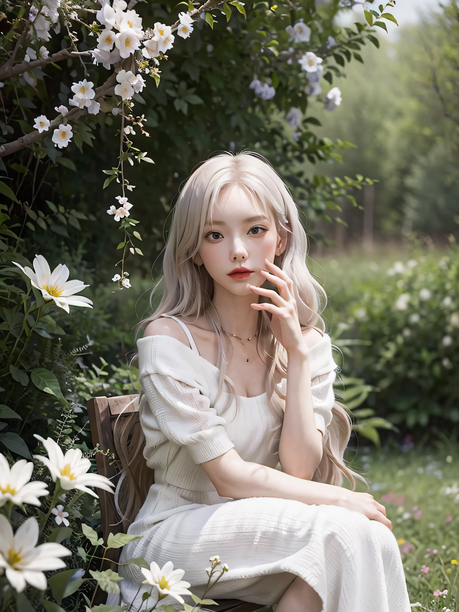 (masterpiece, best quality),1girl with long white hair sitting in a field of green plants and flowers, her hand under her chin, warm lighting, white dress, blurry foreground