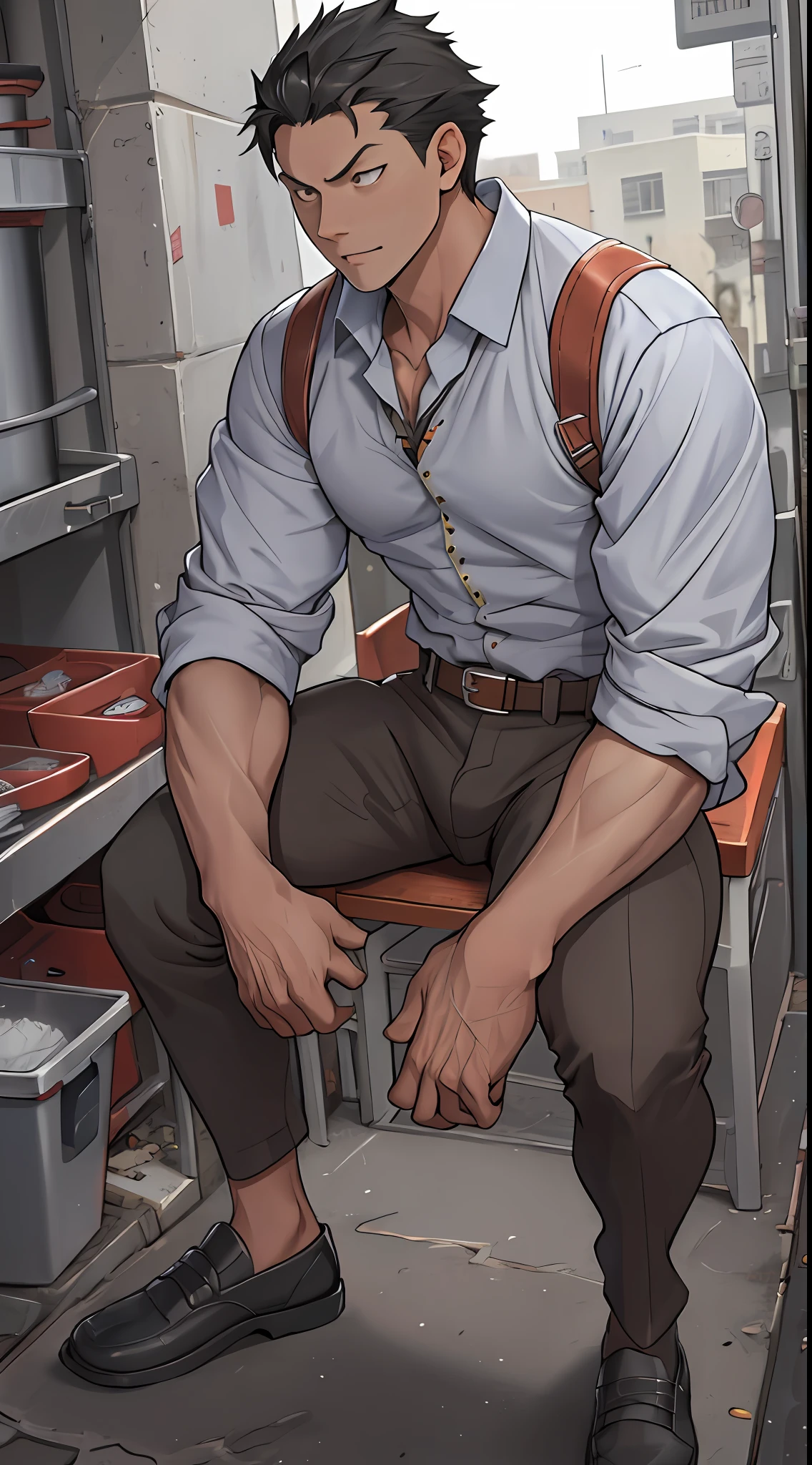 (1 Adult male),A high resolution, Sharp focus, Pixiv masterpiece, ((Complicated details)), highly detailed, natsuki_subaru, 1 Adult male,handsome,Handsome,virile,Gentleman style,toughboy style, with her mouth open,drools,full bodyesbian, Golden eyes(eyes glowing), with short black hair,(Tie shirt),thongs,Silver belt,perspire,look from down