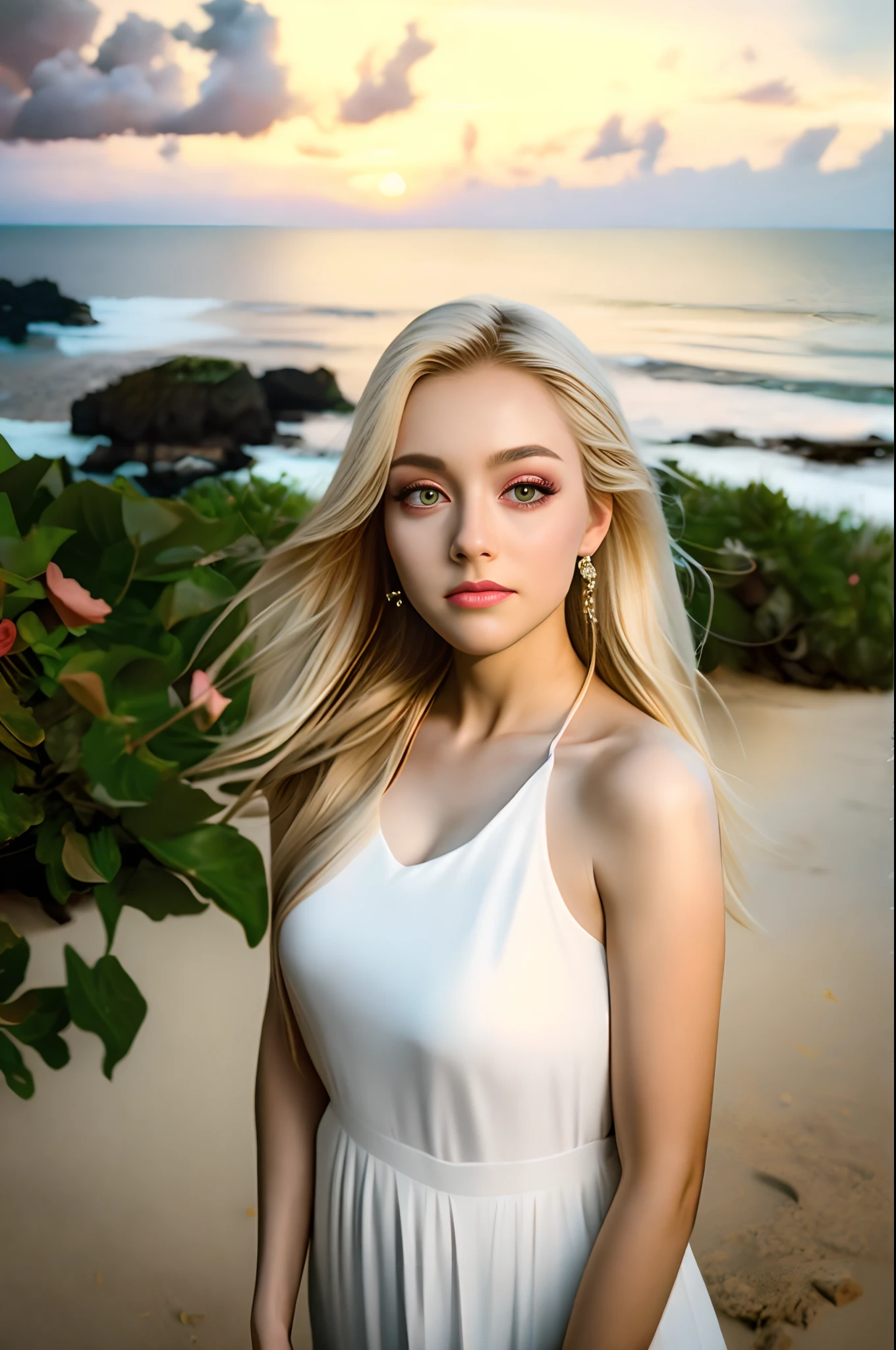 uma loira bonita nua completa, 18yo , Grandes tetas redondas , olhos azuis, blonde hair, cabelo longo liso molhado, mamilos pequenos rosa claro , on the misty summer beach strolling along the coast, Admiring the sunset,flores tropicais , Front view, foco no rosto,profundidade de campo rasa, brincos, during twilight, ((master part)), (best quality), (alto), Original, 8K extremamente detalhado , (fotorrealista:1.9),impeccable face, olhos perfeitos,forma do corpo symmetrica,(corpo inteiro nu: 1.7),sorrir, depilado ,
