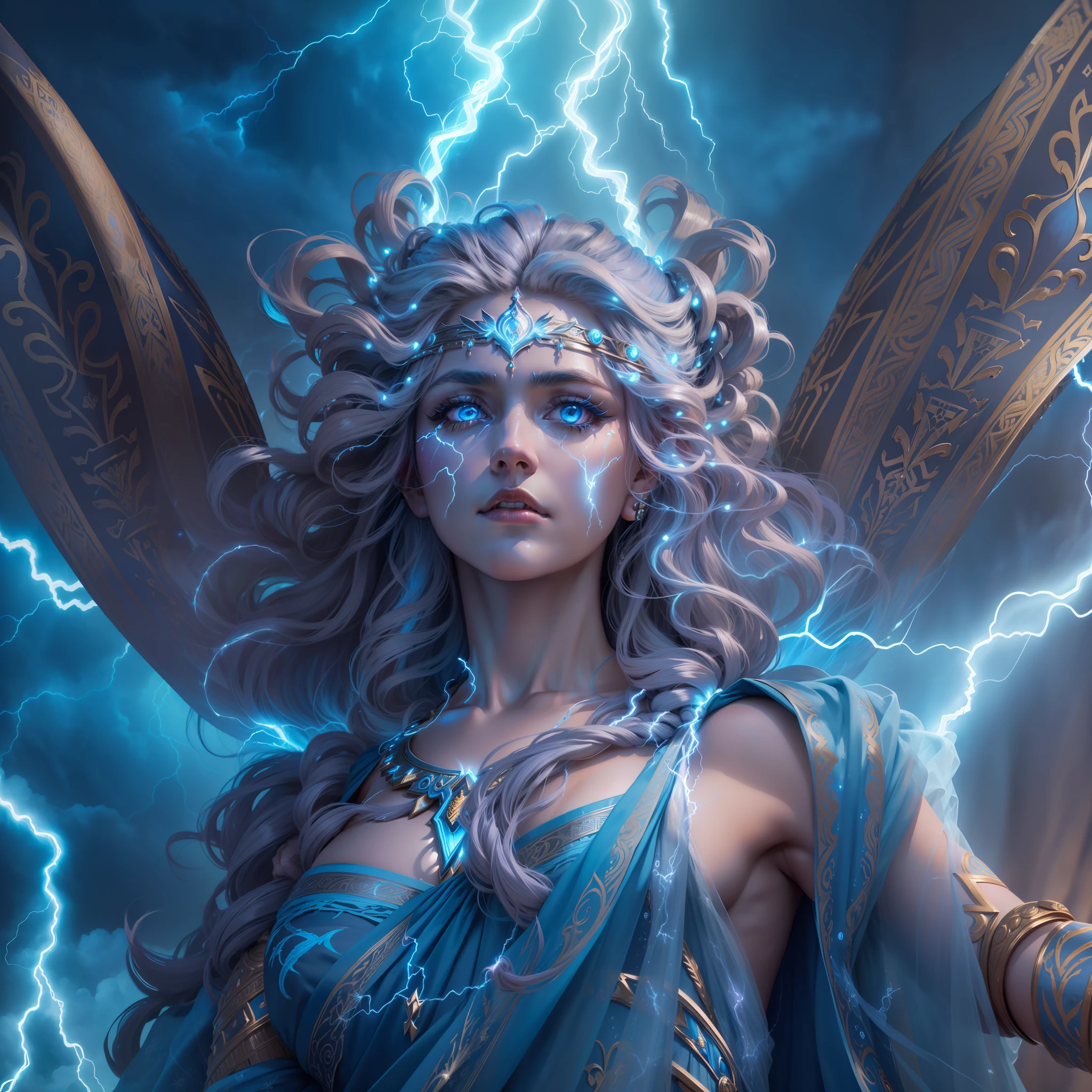 Exquisite lady as Zeus, ancient greek goddess of thunder, in the sky, long ornate draped toga (made of glowy etheral electric blue lightning:1.3), (glowing eyes:1.1), wielding thunder, falling silver locks haircut, (close-up), ultra detailed photography, 8k, intricate details, beautiful shadowing, 3d shadowing, photorealistic oil painting