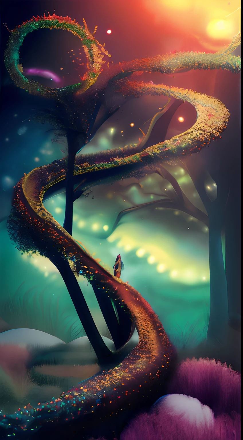 Incredible and spectacular scene, a "((high quality)), (detailed)), ((fantasy)), illustration, perspective (45 degree tilt angle), theme (enchanted forest style), scene elements (handsome boy, beautiful girl), picture quality (3D rendering effect), exquisite details, beautiful lights "emerge from glowing clouds, fractal nebula lines, cosmic entities, celestial bodies, universes, vibrant and vivid, swirling, rotating, impractical, high contrast, co-metabolic, magical, mysterious, mysterious, surreal, Oversaturated, colorful