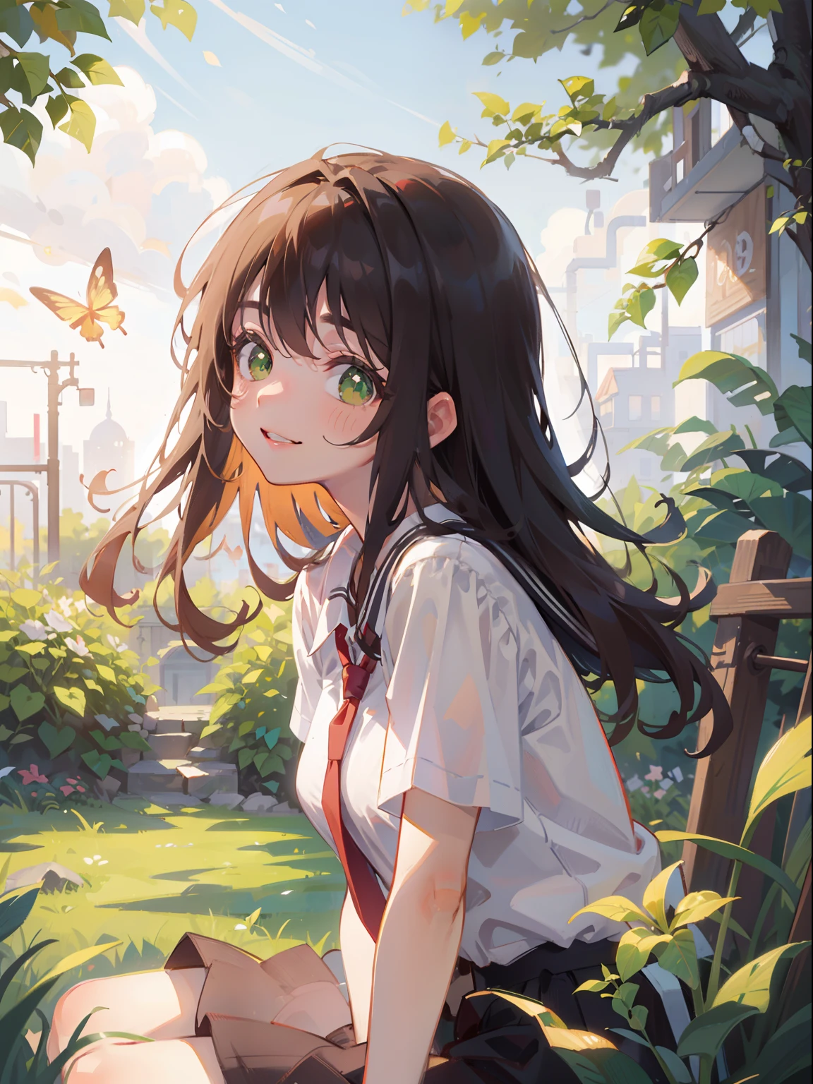 masterpiece), best quality, beautiful detailed hair detailed face, ultra high res, sharp focus, ((1 woman, solo)), perfect feminine face, upper body, medium long shot, MLS, (at the noon time:1.5), in garden, ((sitting on the grass)), leaf, flowers, butterflies, (from side), look at viewer, cute comfy clothes, ((beautiful shape eyes, green eyes)), chesnut brown hair, messy long hair, caring smiles
