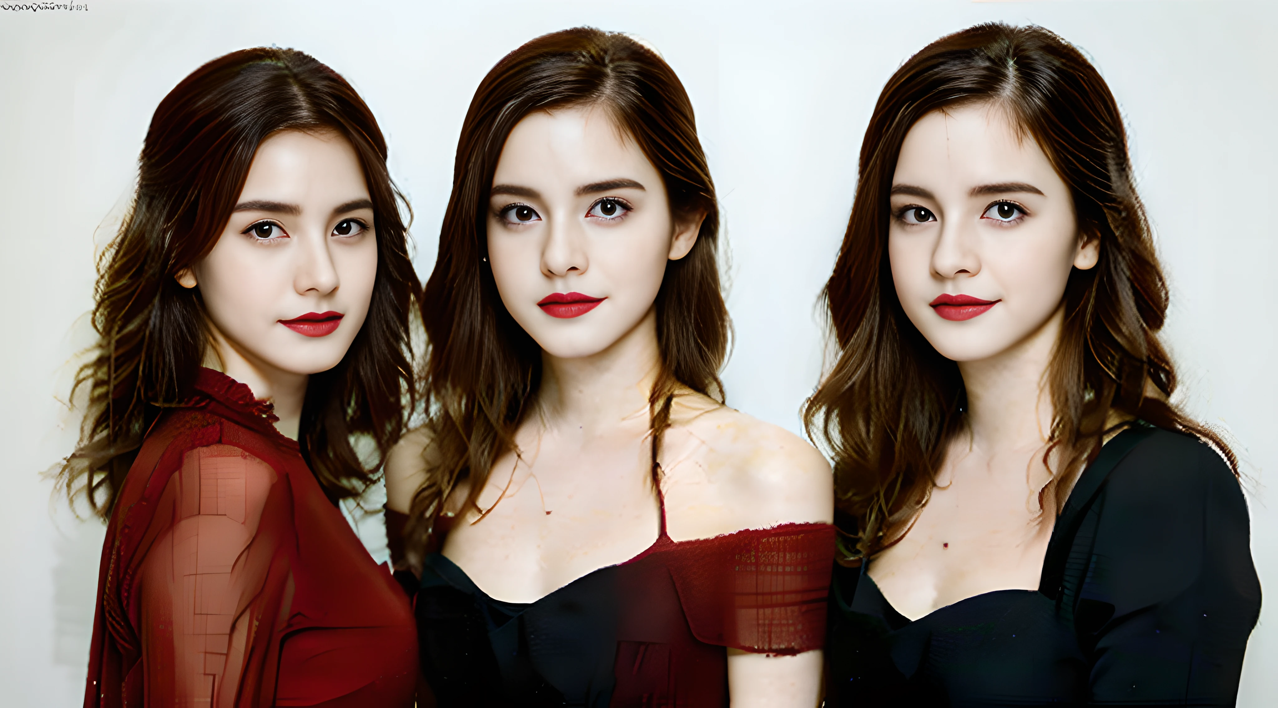 Two women in red dresses stand side by side, Two models in the frame, Songs inspired by Wang Duo, by Tadashi Nakayama, With black, Ayami Kojima and Ryde Caldwell, Inspired by Tadashi Nakayama, Gorgeous Face, Western women, Beauty Campaigns, Beautiful twin twin portrait, Sui Ishida with blonde hair, twice, ad image, gemma chen