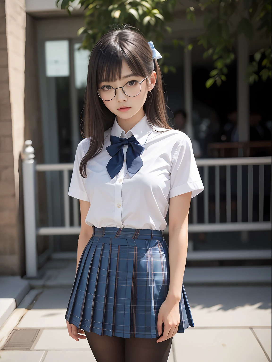 (8K、Raw photography、top-quality、masterpiece:1.2),(bob cuts),cocky,School,watching at viewers,Looking at the front,Muchimuchi,Erotic,Pupils,Light Blue Bra,de pele branca,kne,(Black pantyhose),absurderes,a small face,small tits,flat breast,Parting the bangs from the middle、Forehead visible,(a cold expression,Tight eyes,glares,Bullish,skinny,Rasping,irate)、masterpiece,top-quality、超A high resolution,Raw photo,ren,Beautiful fece,One Person, 独奏,eye glass,,Dark look,Small breasts,fullllbody,Round glasses、cute little,JK school uniform,hi-school girl,A Japanese Lady,is standing,(Photorealsitic:1.37)、Photon mapping,Realistic、Beautie,Cute little face,Brown-eyed、Black socks、(Red bow tie)、Radio City、Physically Based Rendering、depth of fields、Blurry background、a picture,Body,teens girl,beauty legs, Long legs, Thin leg,(Bangs are visible), hair, s lips, Blue_The eye, nosesoft,(Light blue shirt), (Navy and blue and white plaid pleated skirt), Knees are visible,Sheer clothing,, Thigh, Black cotton socks,Nogizaka Idol, 女優, Japanese ido