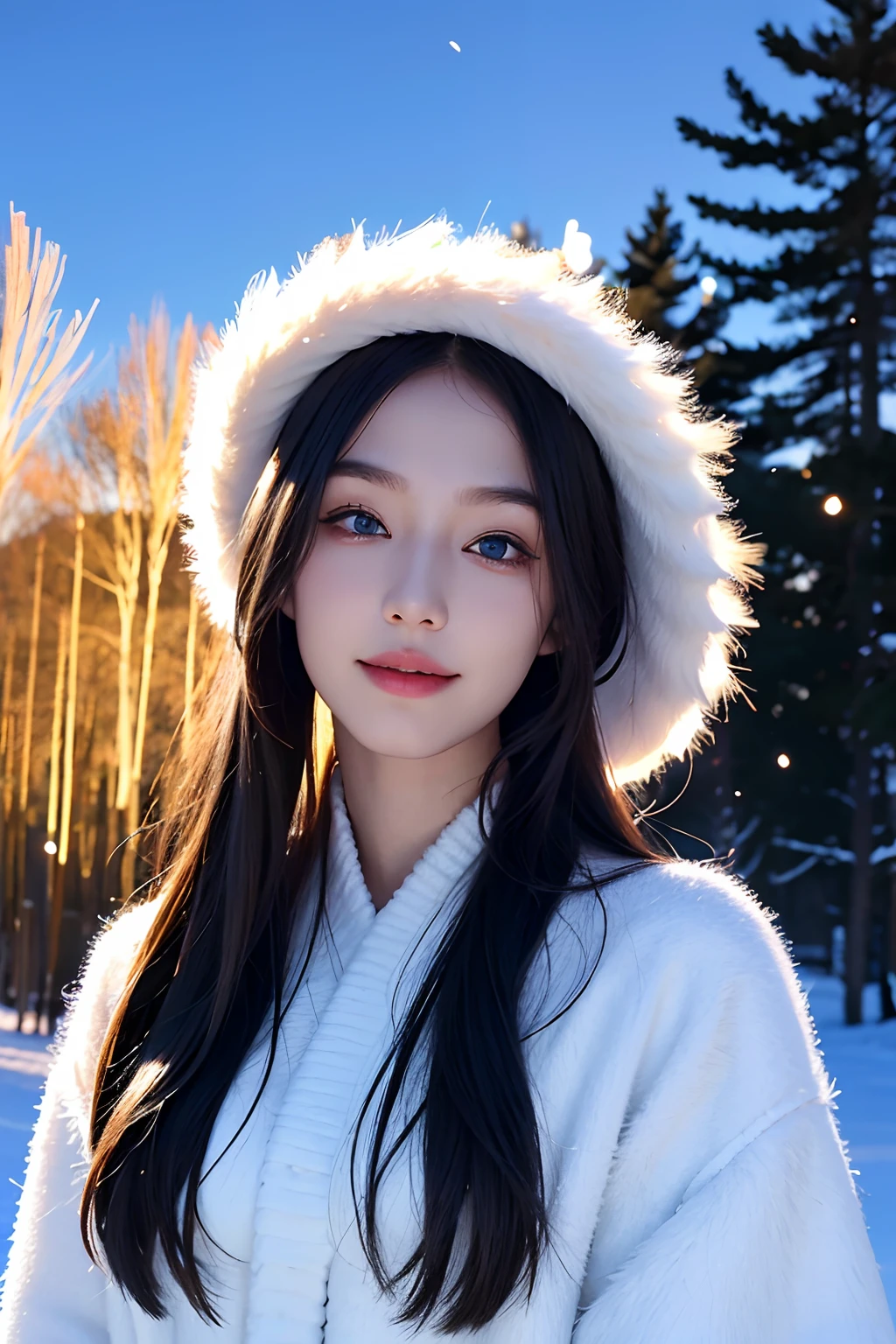Best quality, Masterpiece, 超高分辨率, (Photorealistic:1.4), RAW photo, 1girll, herry blossoms, 1girll, tree, Solo, aurora, Fireworks, Long_Hair, glowworm, Light_Particle, Pine_tree, snowflower_Background, Milky_way, mid air_Fireworks, headdress, arms behind body, Blue_Eyes, Smile, Face focus, Detailed face,Detailed eyes,Shiny skin,  In the dark, deepshadow, low tune, Cold light, view the viewer,